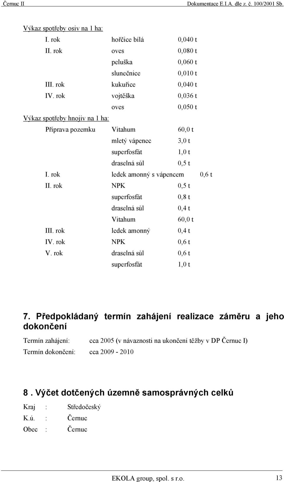 rok NPK 0,5 t superfosfát 0,8 t draselná sůl 0,4 t Vitahum 60,0 t III. rok ledek amonný 0,4 t IV. rok NPK 0,6 t V. rok draselná sůl 0,6 t superfosfát 1,0 t 7.