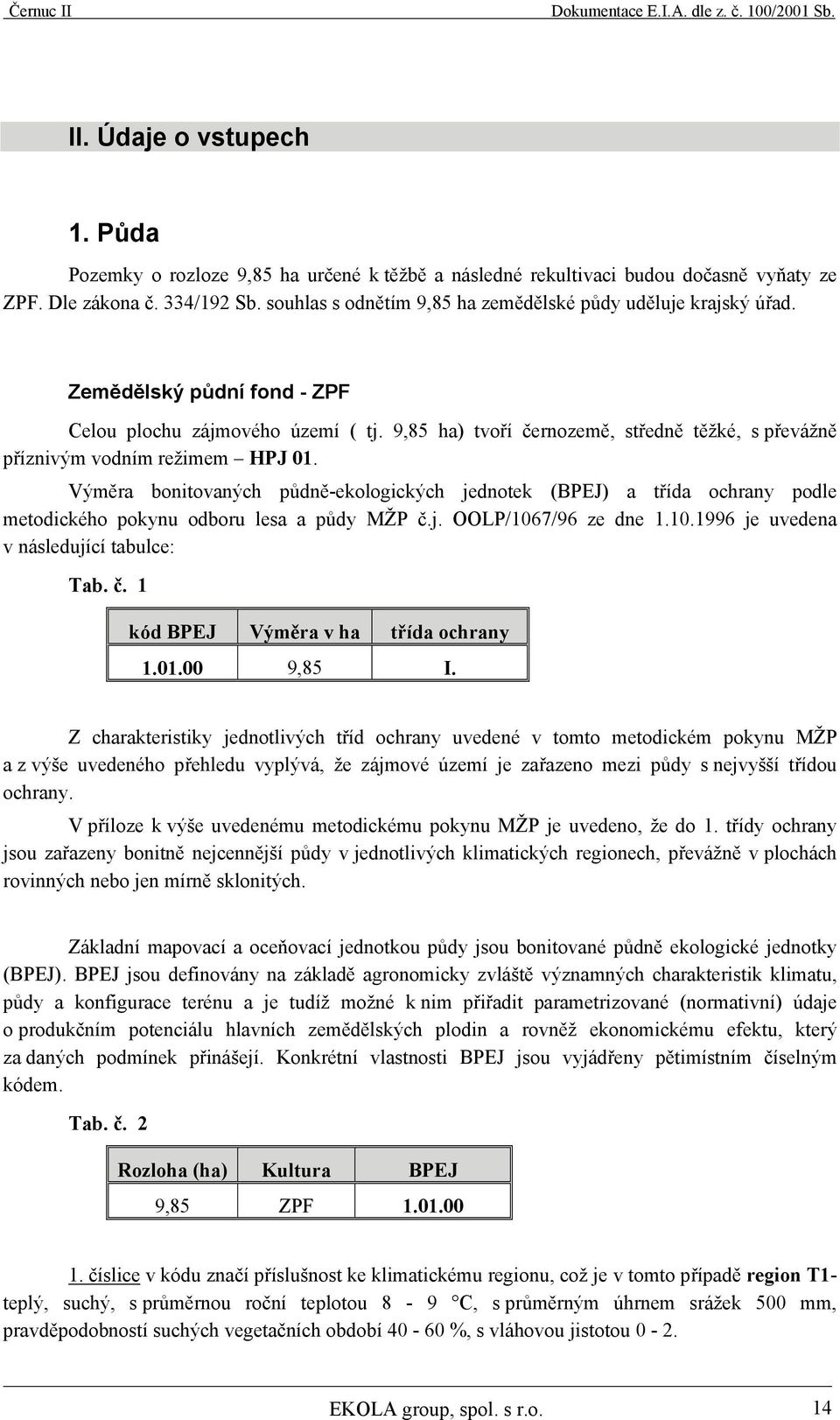 9,85 ha) tvoří černozemě, středně těžké, s převážně příznivým vodním režimem HPJ 01.