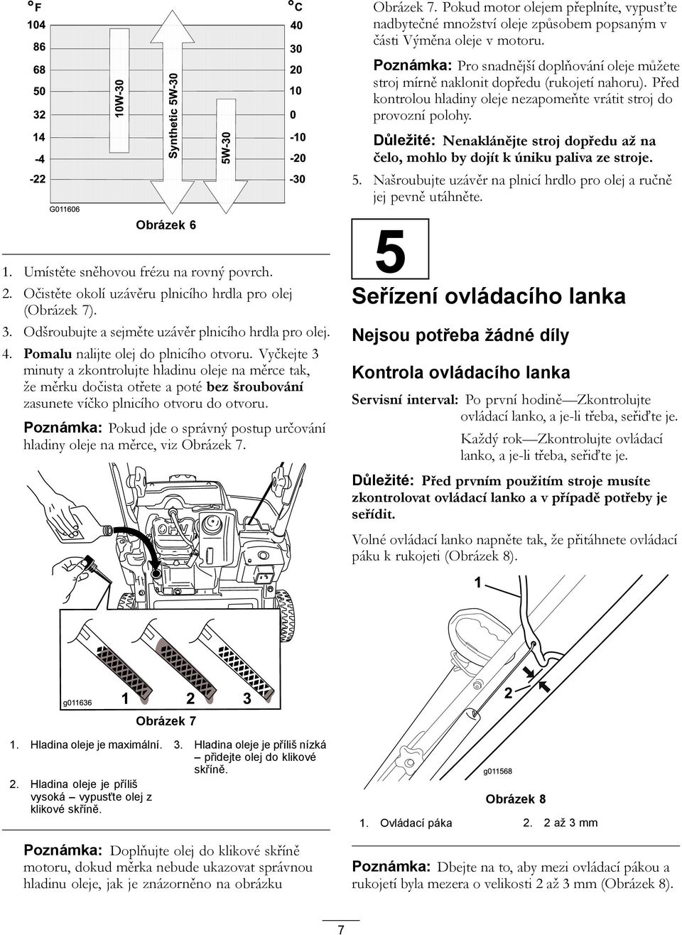 Důležité: Nenaklánějte stroj dopředu až na čelo, mohlo by dojít k úniku paliva ze stroje. 5. Našroubujte uzávěr na plnicí hrdlo pro olej a ručně jej pevně utáhněte. Obrázek 6 1.