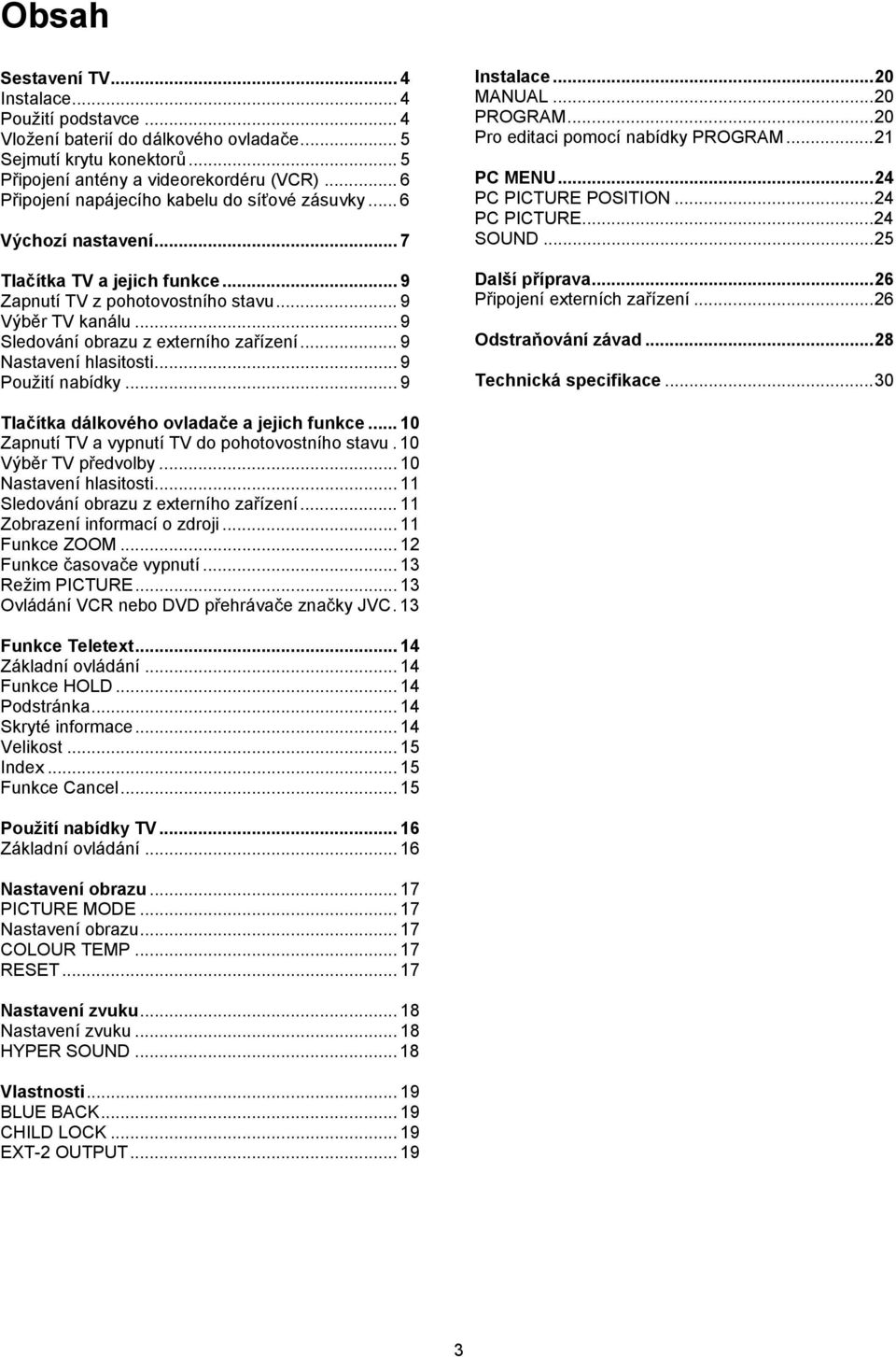 .. 9 Sledování obrazu z externího zařízení... 9 Nastavení hlasitosti... 9 Použití nabídky... 9 Instalace...20 MANUAL...20 PROGRAM...20 Pro editaci pomocí nabídky PROGRAM...21 PC MENU.