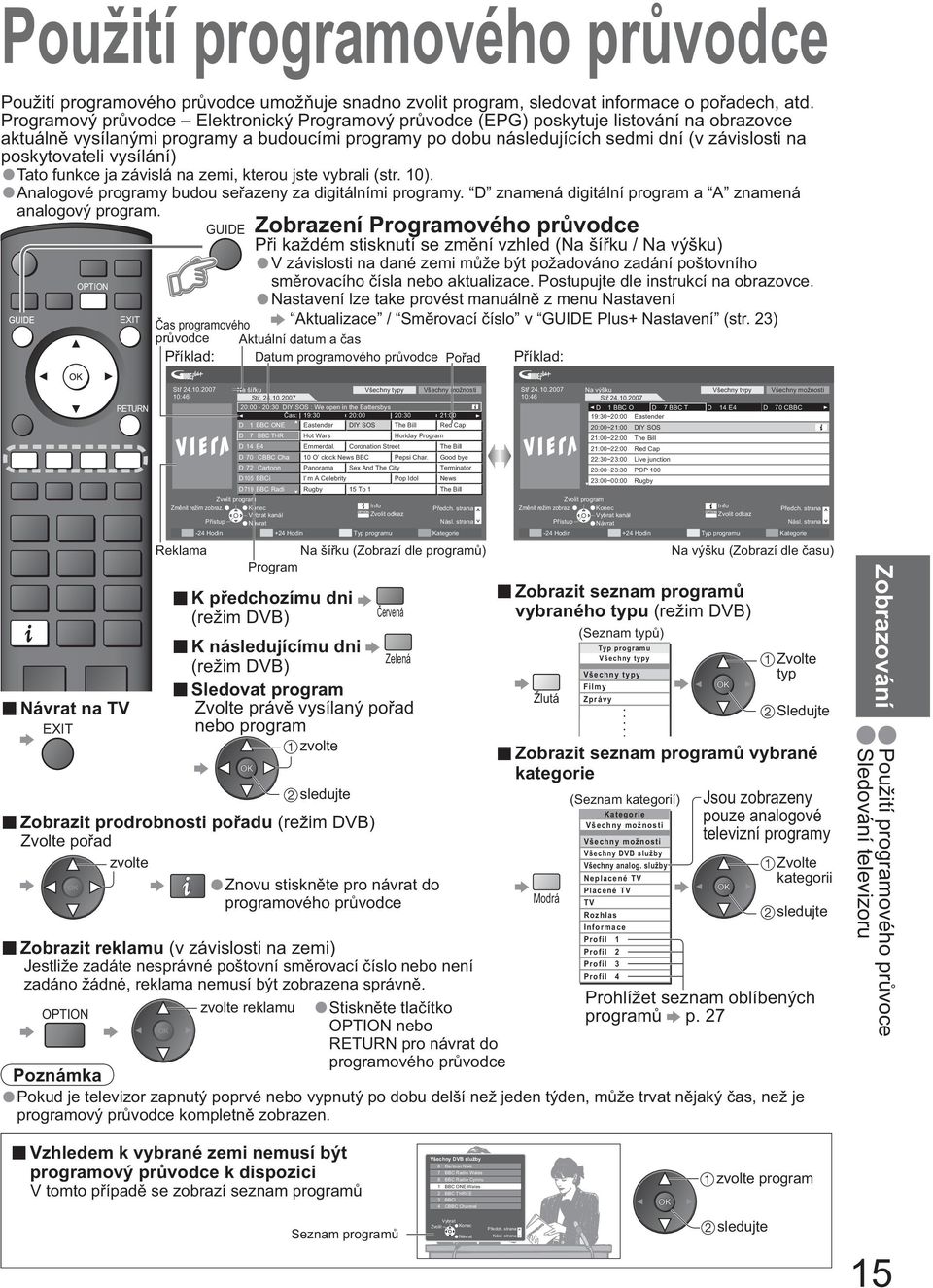 poskytovateli vysílání) Tato funkce ja závislá na zemi, kterou jste vybrali (str. 10). Analogové programy budou se azeny za digitálními programy.