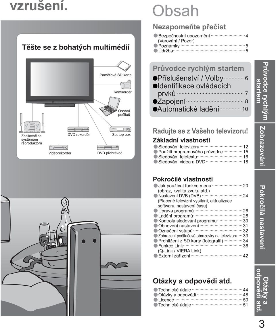 íslušenství / Volby 6 Identi kace ovládacích prvk 7 Zapojení 8 Automatické lad ní 10 Pr vodce rychlým startem Zesilova se systémem reproduktor Videorekordér DVD rekordér Set top box DVD p ehráva