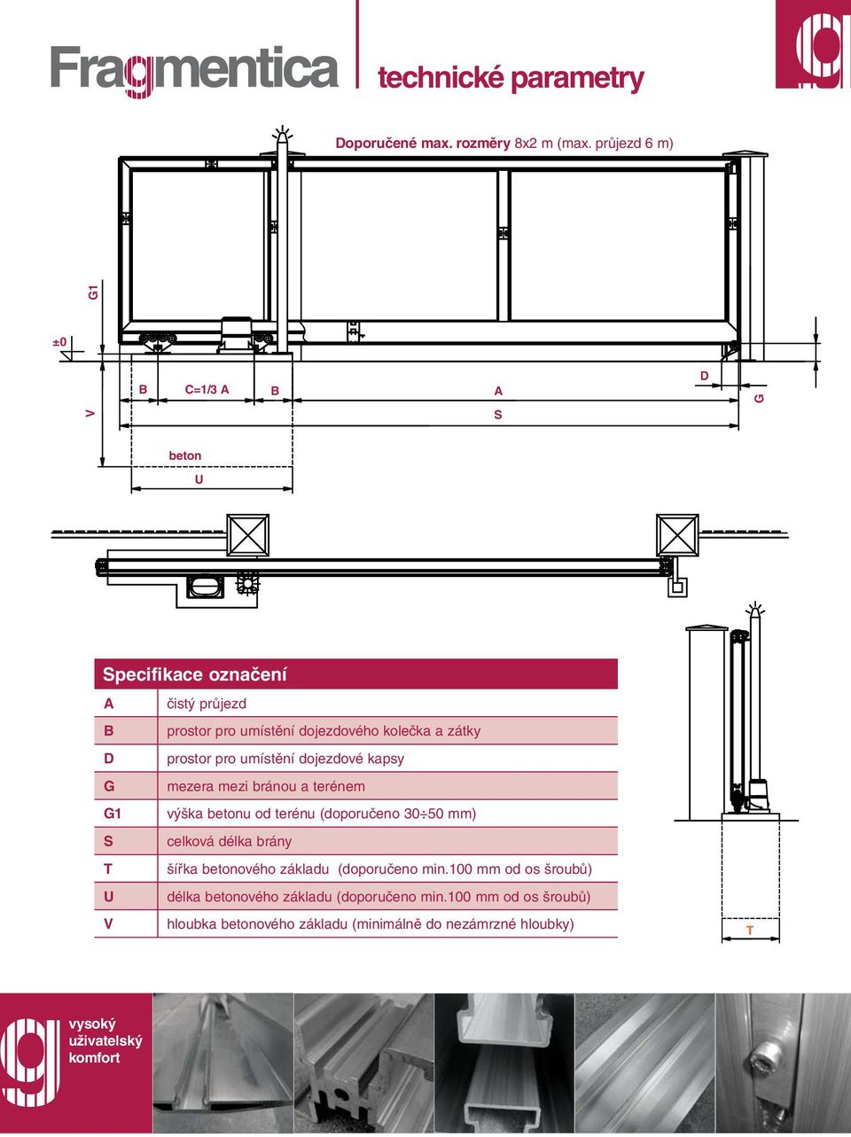 D prostor pro umístění dojezdové kapsy G mezera mezi bránou a terénem G1 výška betonu od terénu (doporučeno 30 50 mm) S celková délka