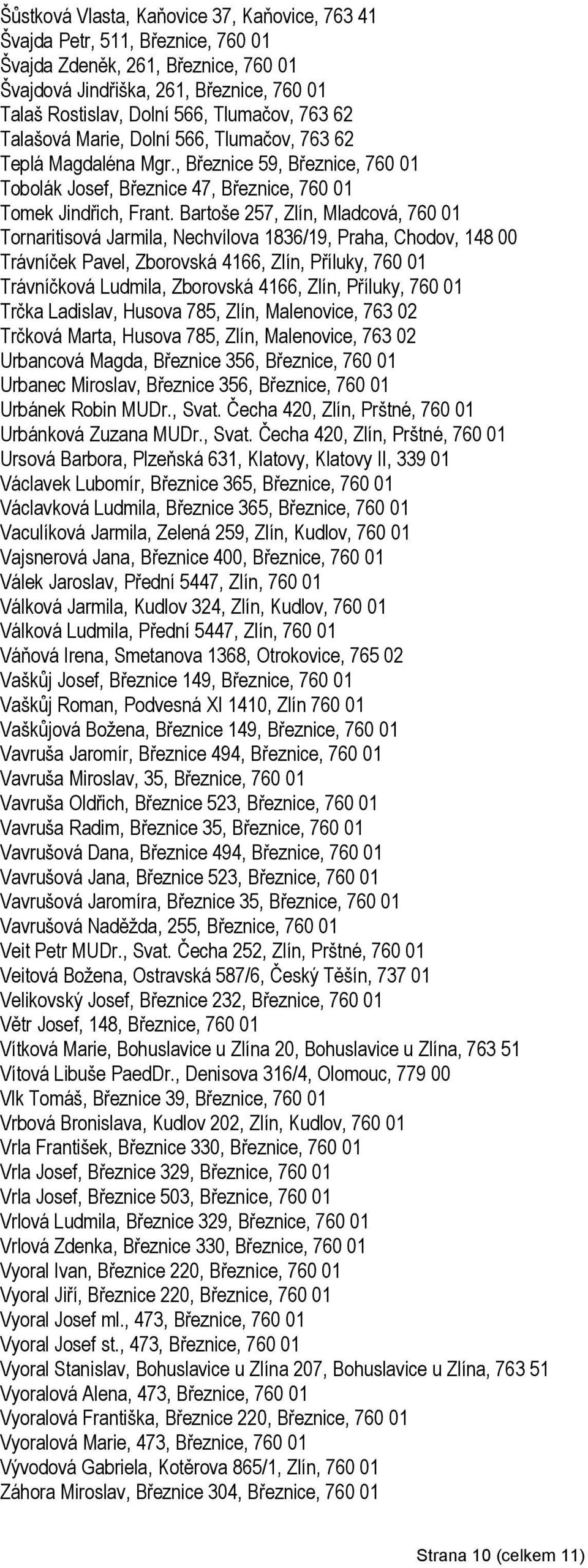 Bartoše 257, Zlín, Mladcová, 760 01 Tornaritisová Jarmila, Nechvílova 1836/19, Praha, Chodov, 148 00 Trávníček Pavel, Zborovská 4166, Zlín, Příluky, 760 01 Trávníčková Ludmila, Zborovská 4166, Zlín,