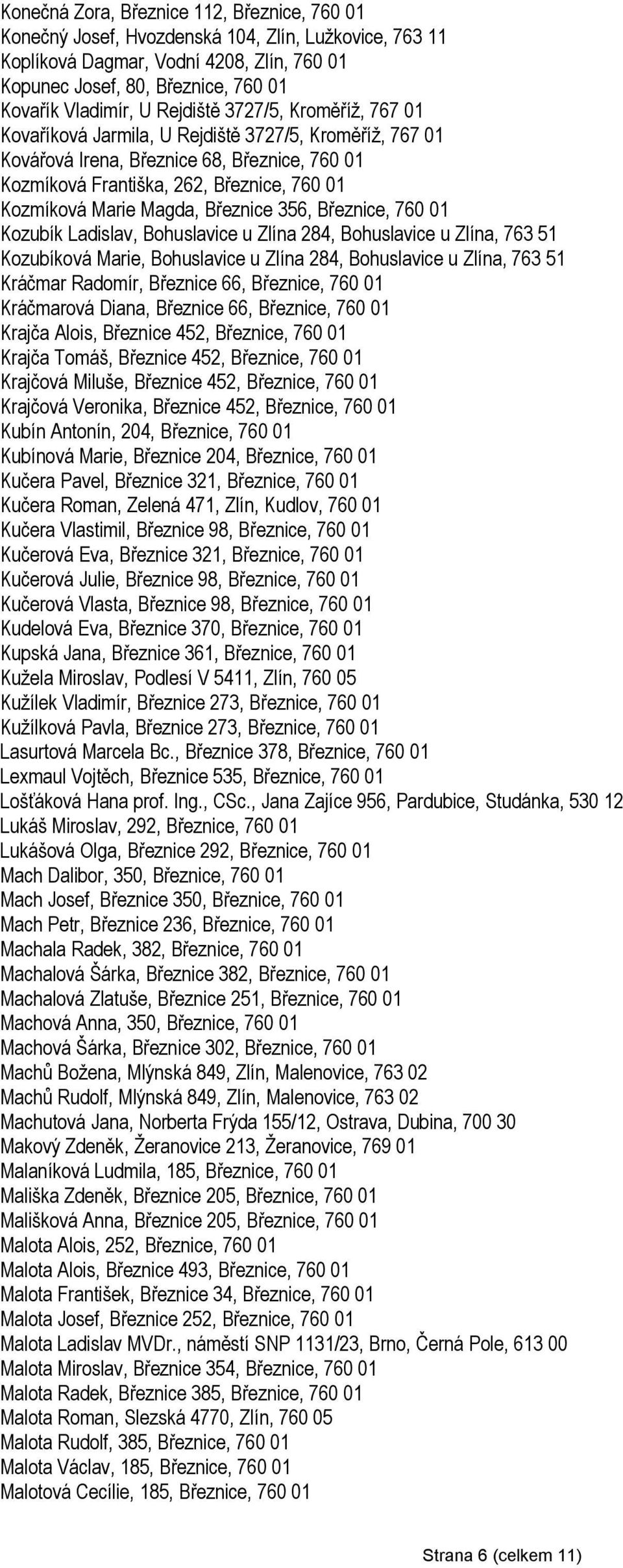 Magda, Březnice 356, Březnice, 760 01 Kozubík Ladislav, Bohuslavice u Zlína 284, Bohuslavice u Zlína, 763 51 Kozubíková Marie, Bohuslavice u Zlína 284, Bohuslavice u Zlína, 763 51 Kráčmar Radomír,