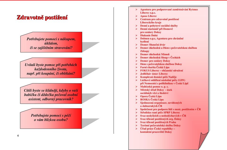 Agentura pro podporované zaměstnávání Rytmus Liberec o.p.s. Aposs Liberec Centrum pro zdravotně postižené Libereckého kraje Denní a pobytové sociální služby Denní stacionář při Domově pro seniory Doksy Diakonie Dubá Dolmen o.