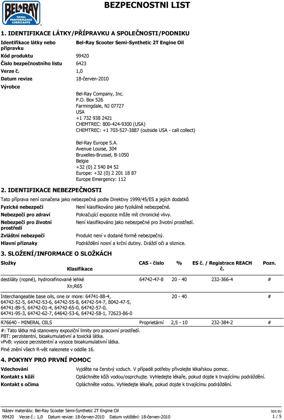 1,0 Datum revize 18-červen-2010 Výrobce 2. IDENTIFIKACE NEBEZPEČNOS