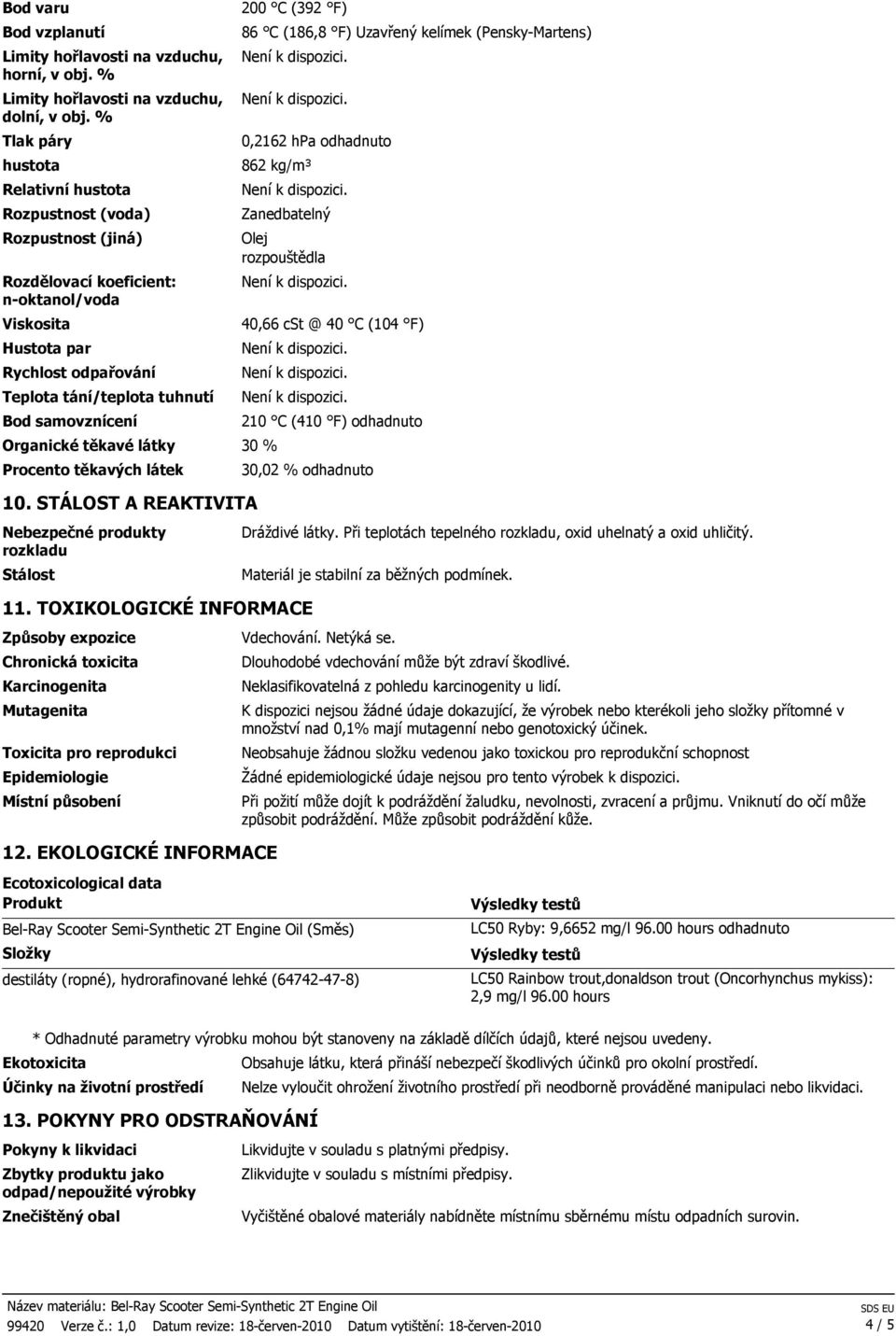 kg/m³ Zanedbatelný Olej rozpouštědla Viskosita 40,66 cst @ 40 C (104 F) Hustota par Rychlost odpařování Teplota tání/teplota tuhnutí Bod samovznícení 210 C (410 F) odhadnuto Organické těkavé látky 30