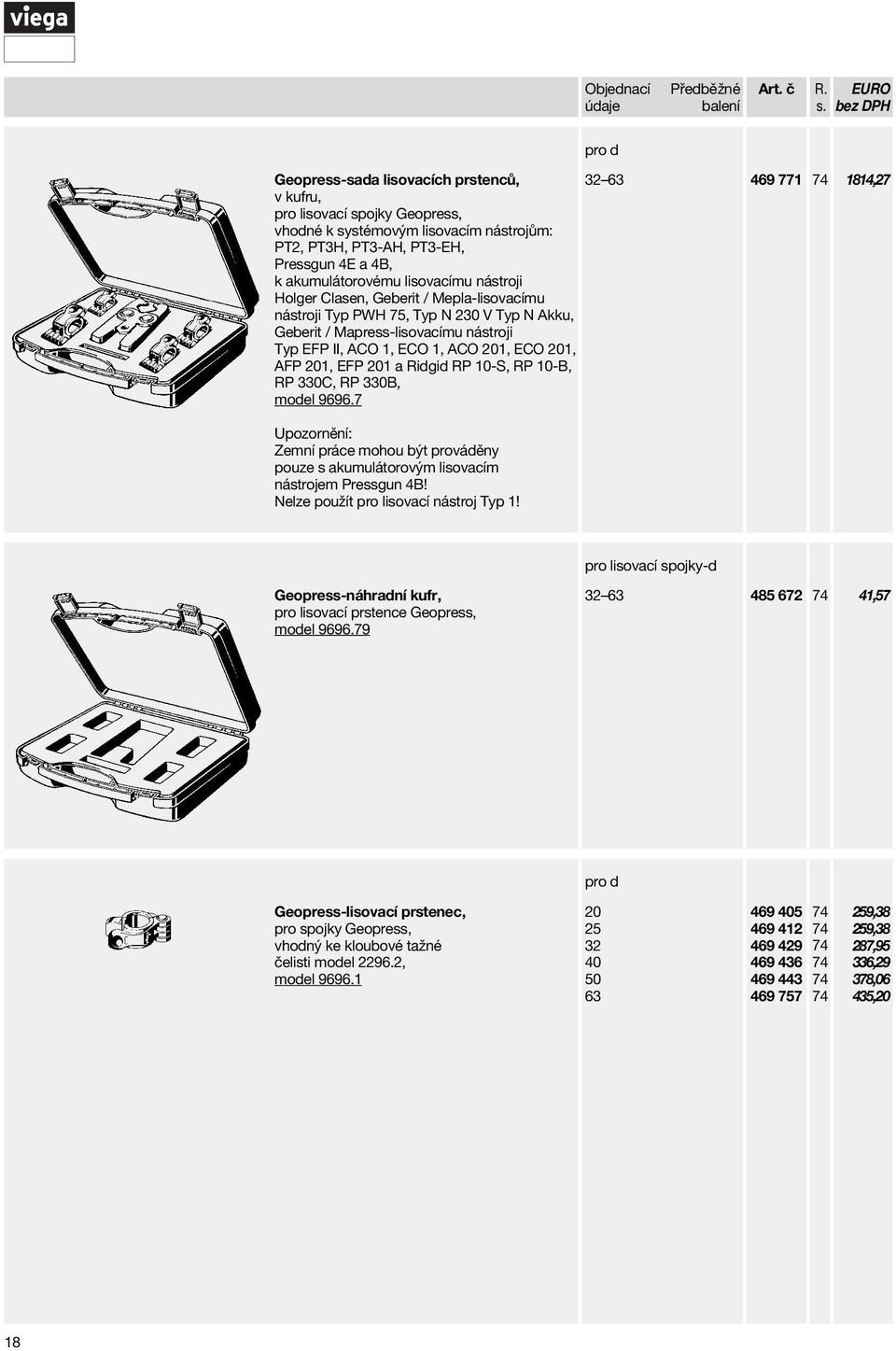 201, AFP 201, EFP 201 a Rigi RP 10-S, RP 10-B, RP 330C, RP 330B, moel 9696.7 Upozornění: Zemní práce mohou být prováěny pouze s akumulátorovým lisovacím nástrojem Pressgun 4B!