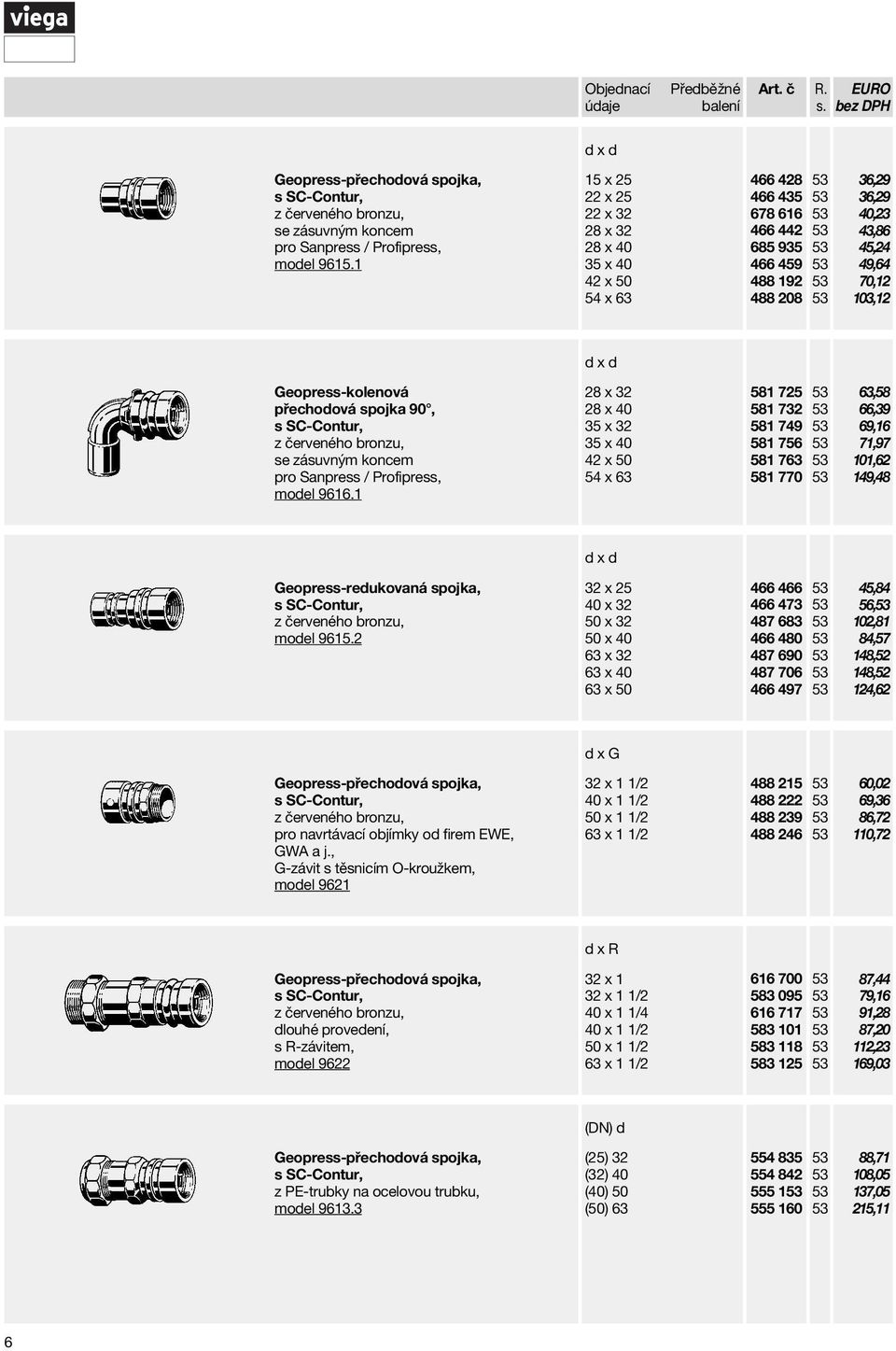 zásuvným koncem pro Sanpress / Profipress, moel 9616.1 28 x 28 x 35 x 35 x 42 x x 581 725 581 7 581 9 581 756 581 7 581 770,58 66,39 69,16 71,97 101,62 149,48 x Geopress-reukovaná spojka, moel 9615.