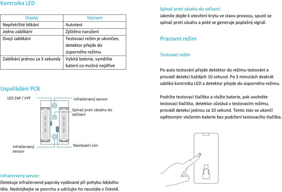 poplašný signál. Pracovní režim Testovací režim Po auto testování přejde detektor do režimu testování a provádí detekci každých 10 sekund.