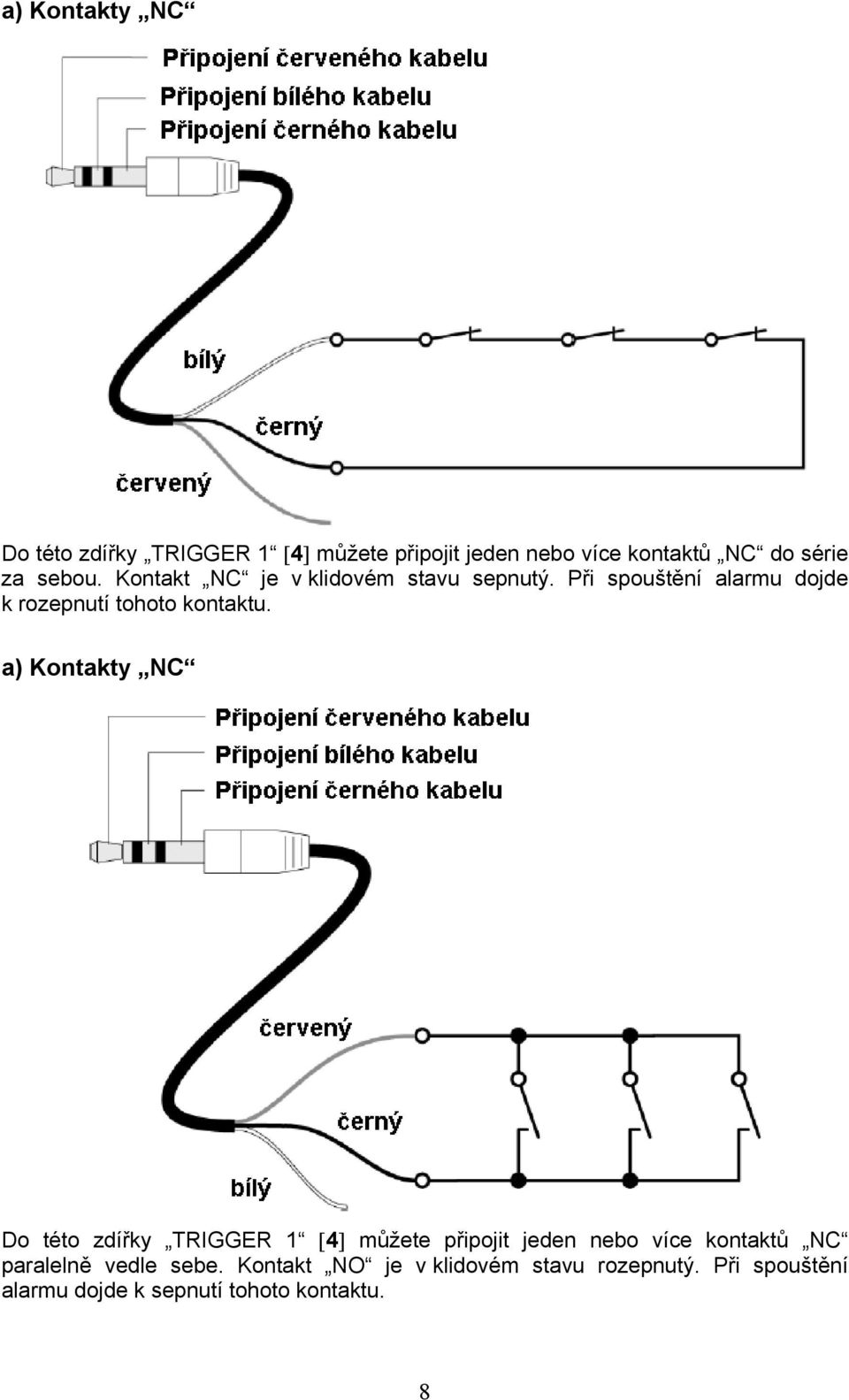 a) Kontakty NC Do této zdířky TRIGGER 1 [4] můžete připojit jeden nebo více kontaktů NC paralelně