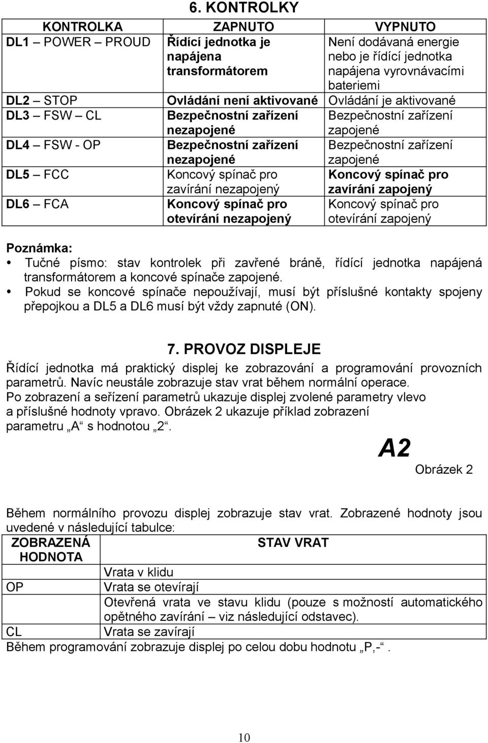 pro DL6 FCA zavírání nezapojený Koncový spínač pro otevírání nezapojený zavírání zapojený Koncový spínač pro otevírání zapojený Tučné písmo: stav kontrolek při zavřené bráně, řídící jednotka napájená