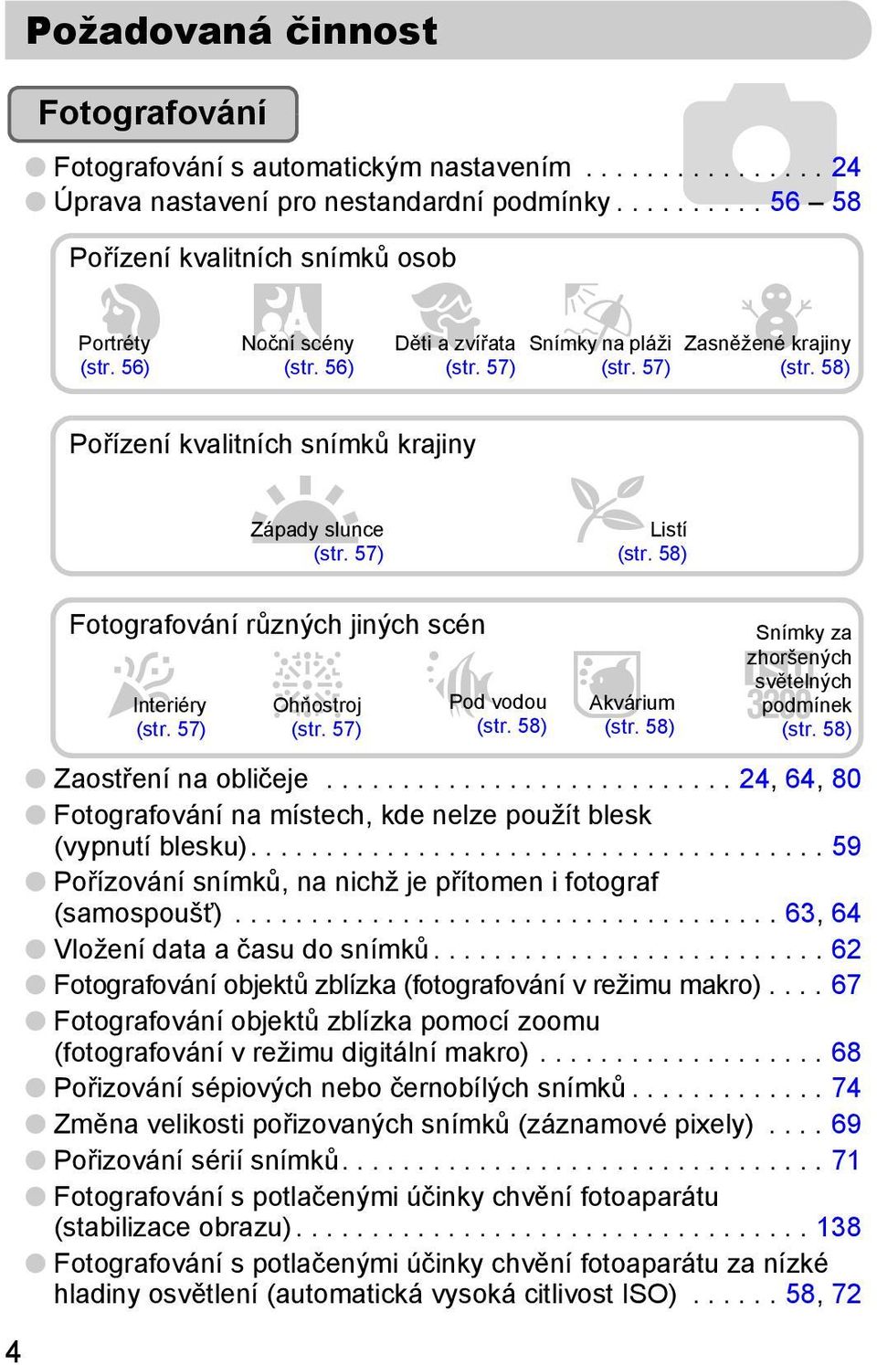 58) Pořízení kvalitních snímků krajiny U Západy slunce (str. 57) O Listí (str. 58) Fotografování různých jiných scén HInteriéry t (str. 57) Ohňostroj (str. 57) SPod vodou (str. 58) yakvárium (str.