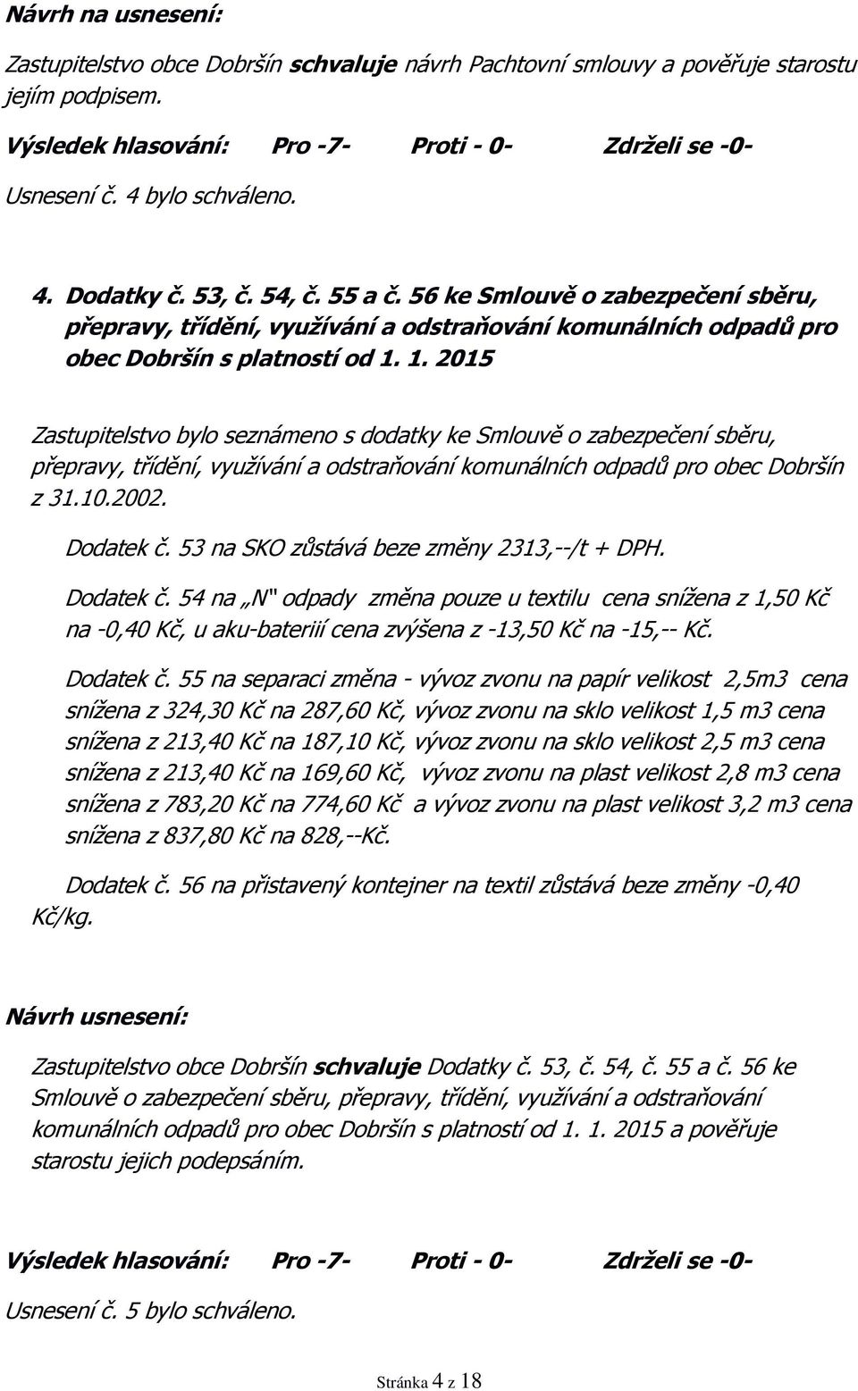 1. 2015 Zastupitelstvo bylo seznámeno s dodatky ke Smlouvě o zabezpečení sběru, přepravy, třídění, využívání a odstraňování komunálních odpadů pro obec Dobršín z 31.10.2002. Dodatek č.