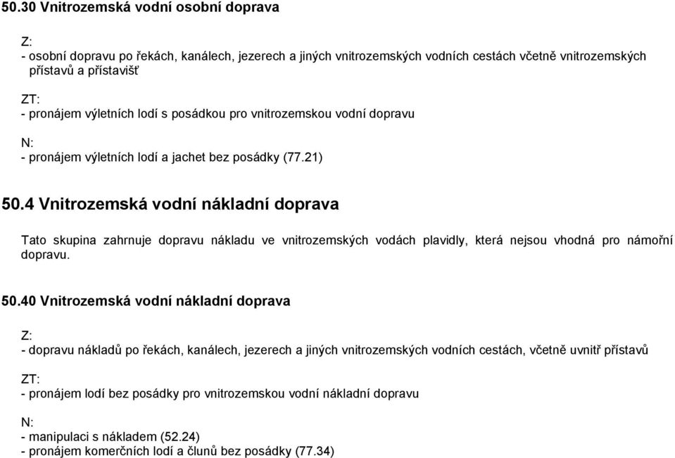 4 Vnitrozemská vodní nákladní doprava Tato skupina zahrnuje dopravu nákladu ve vnitrozemských vodách plavidly, která nejsou vhodná pro námořní dopravu. 50.