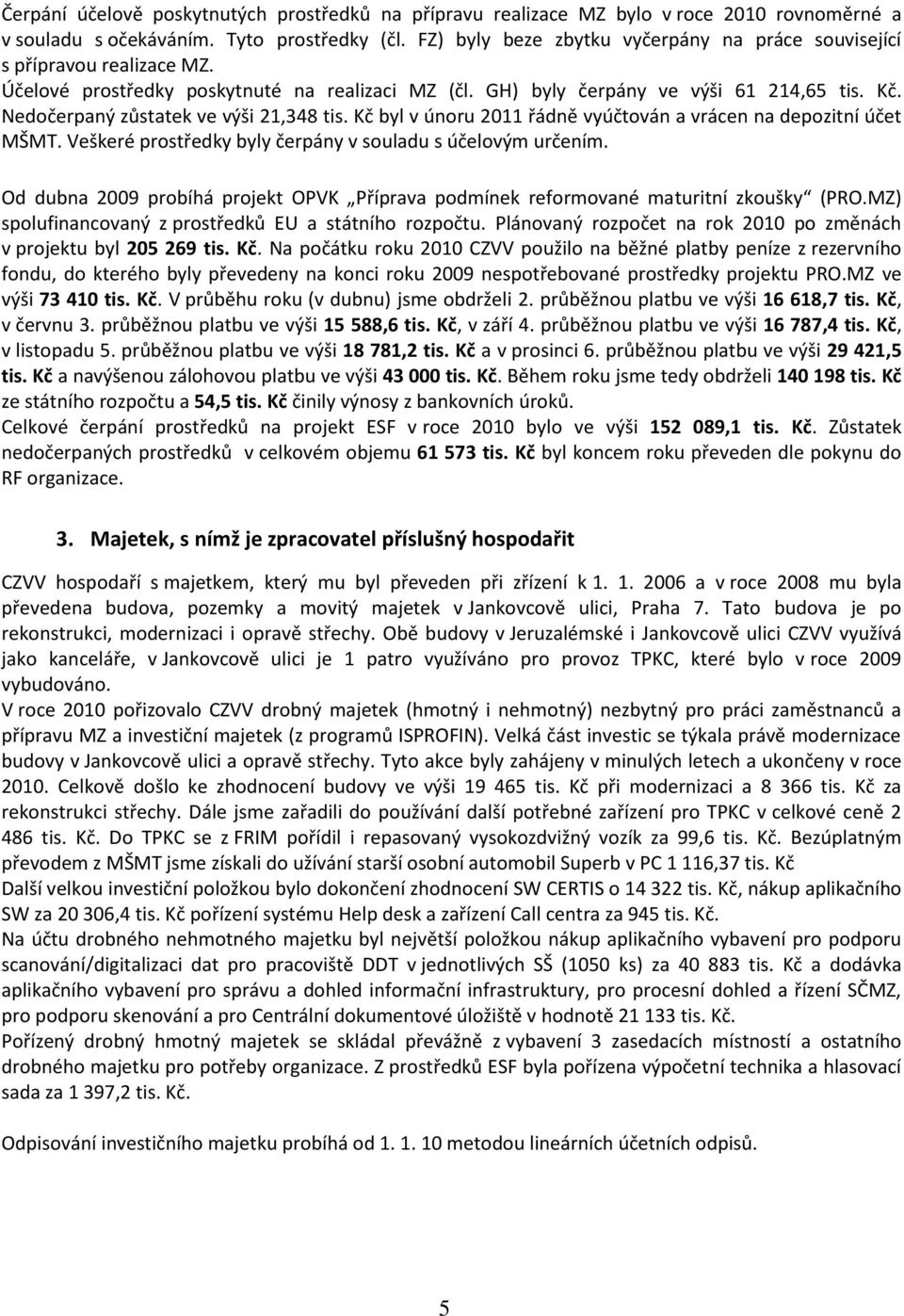 Nedočerpaný zůstatek ve výši 21,348 tis. Kč byl v únoru 2011 řádně vyúčtován a vrácen na depozitní účet MŠMT. Veškeré prostředky byly čerpány v souladu s účelovým určením.