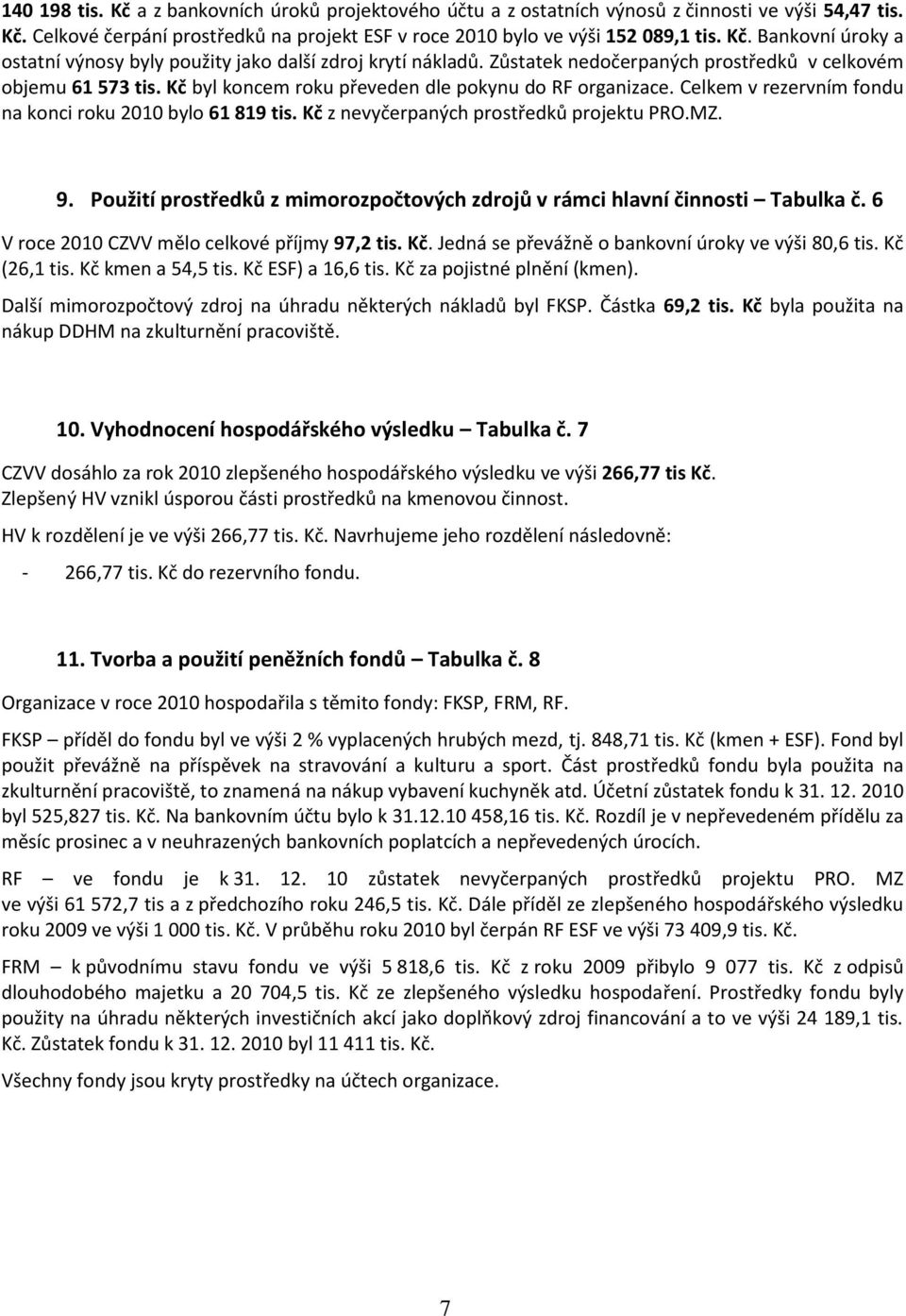 Kč z nevyčerpaných prostředků projektu PRO.MZ. 9. Použití prostředků z mimorozpočtových zdrojů v rámci hlavní činnosti Tabulka č. 6 V roce 2010 CZVV mělo celkové příjmy 97,2 tis. Kč.