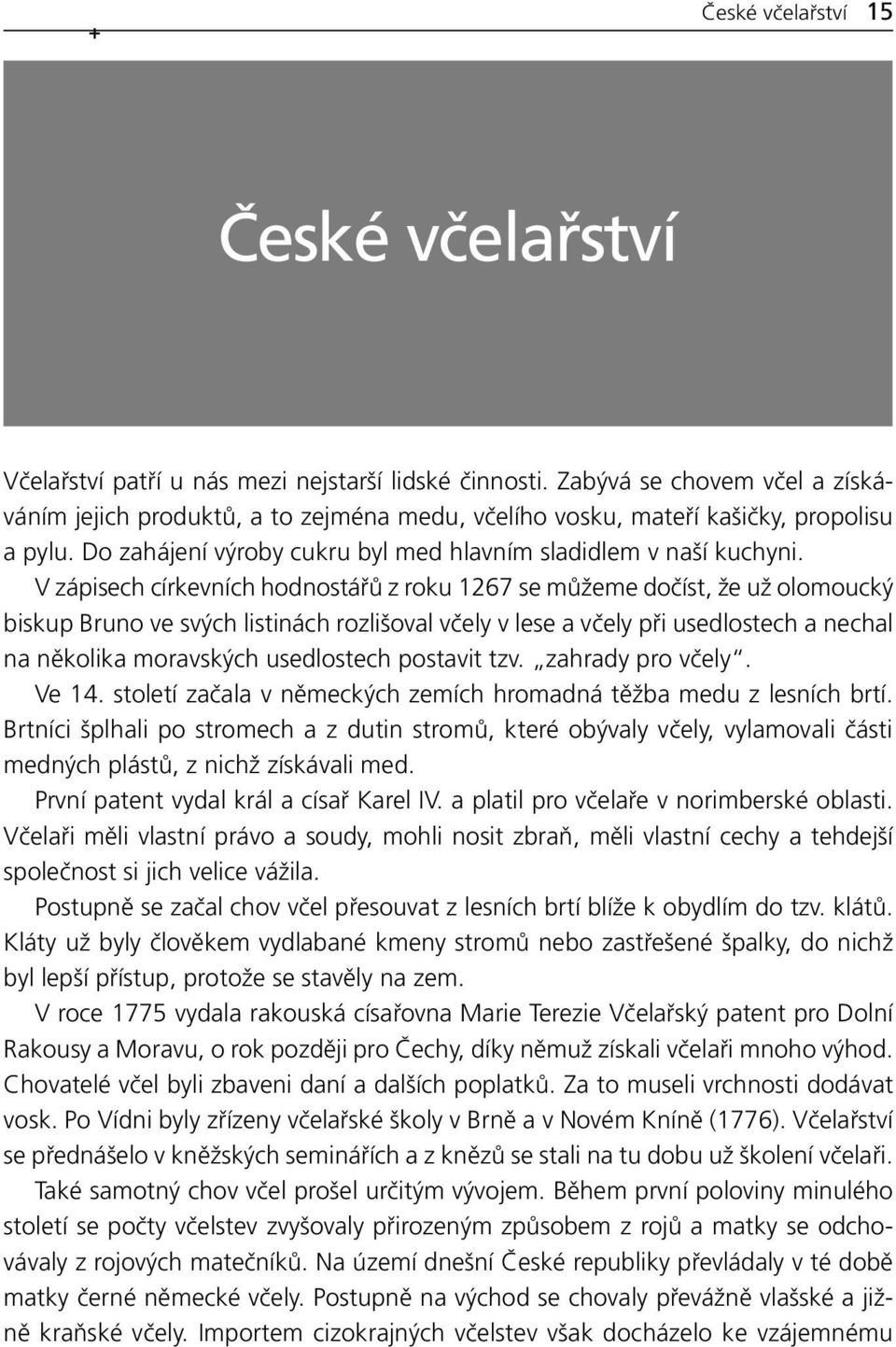 V zápisech církevních hodnostářů z roku 1267 se můžeme dočíst, že už olomoucký biskup Bruno ve svých listinách rozlišoval včely v lese a včely při usedlostech a nechal na několika moravských