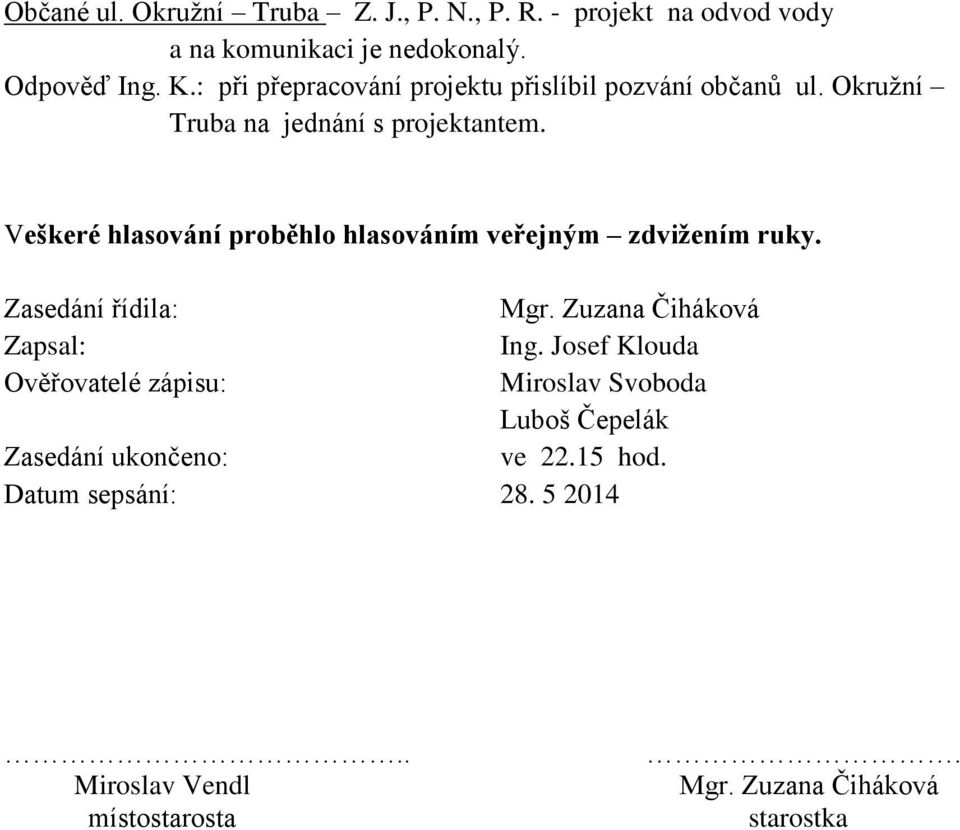 Veškeré hlasování proběhlo hlasováním veřejným zdvižením ruky. Zasedání řídila: Mgr. Zuzana Čiháková Zapsal: Ing.