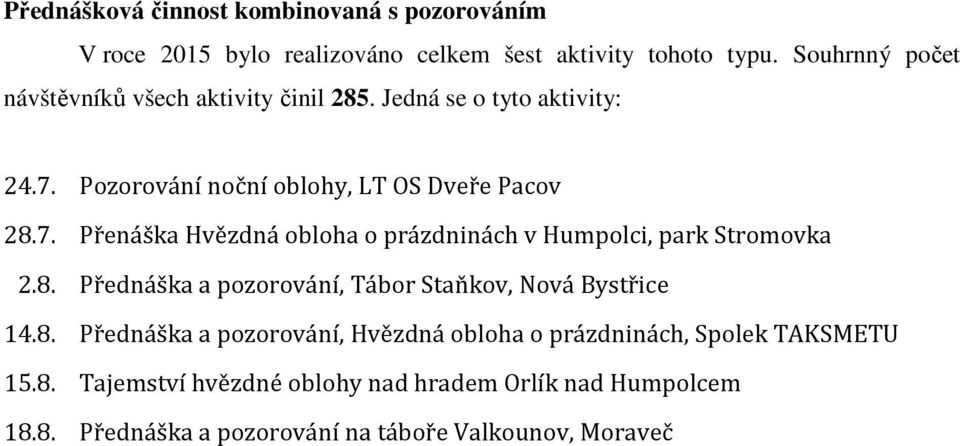 Pozorování noční oblohy, LT OS Dveře Pacov 28.7. Přenáška Hvězdná obloha o prázdninách v Humpolci, park Stromovka 2.8. Přednáška a pozorování, Tábor Staňkov, Nová Bystřice 14.