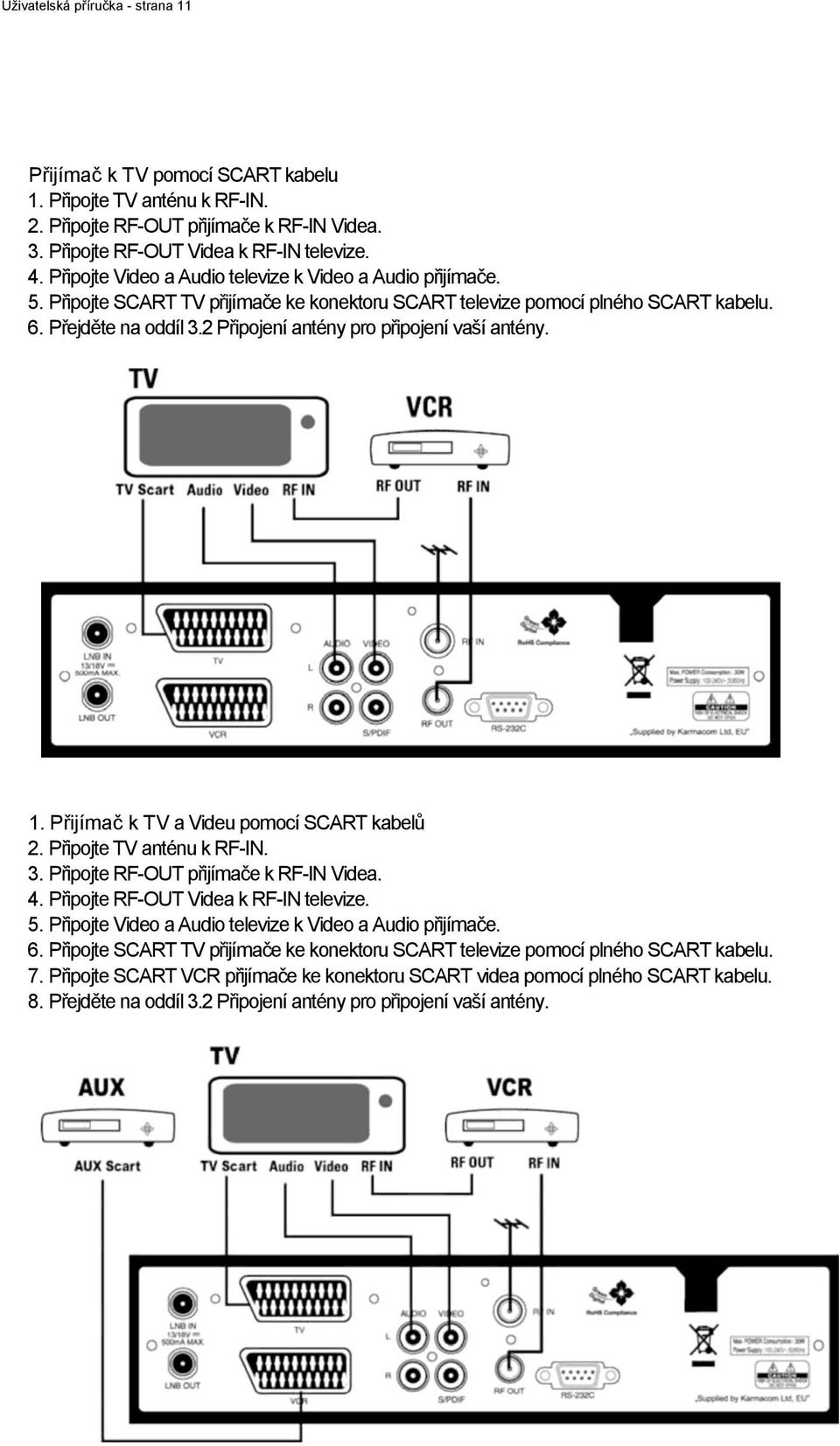 2 Připojení antény pro připojení vaší antény. 1. Přijímač k TV a Videu pomocí SCART kabelů 2. Připojte TV anténu k RF-IN. 3. Připojte RF-OUT přijímače k RF-IN Videa. 4.
