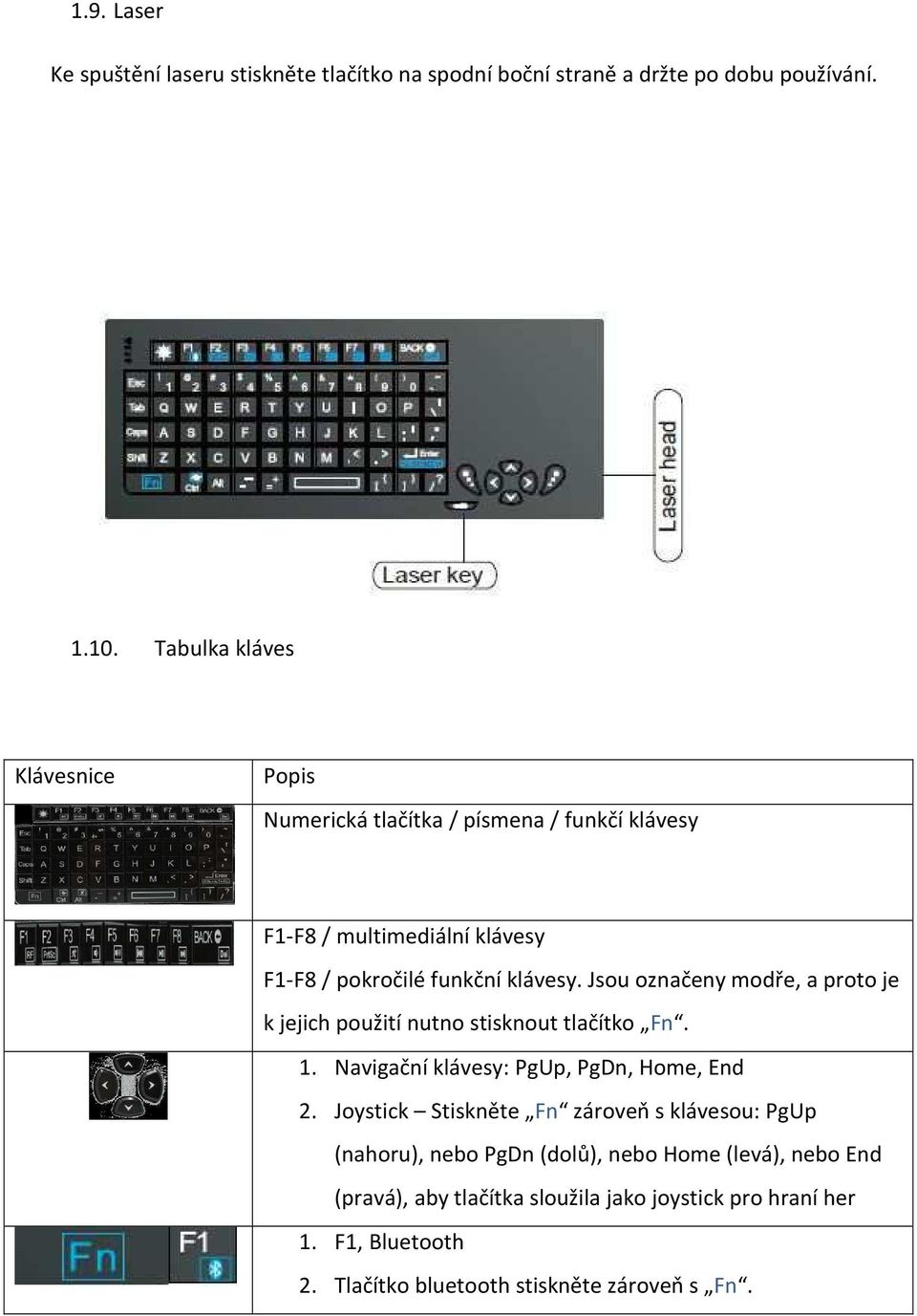 Jsou označeny modře, a proto je k jejich použití nutno stisknout tlačítko Fn. 1. Navigační klávesy: PgUp, PgDn, Home, End 2.