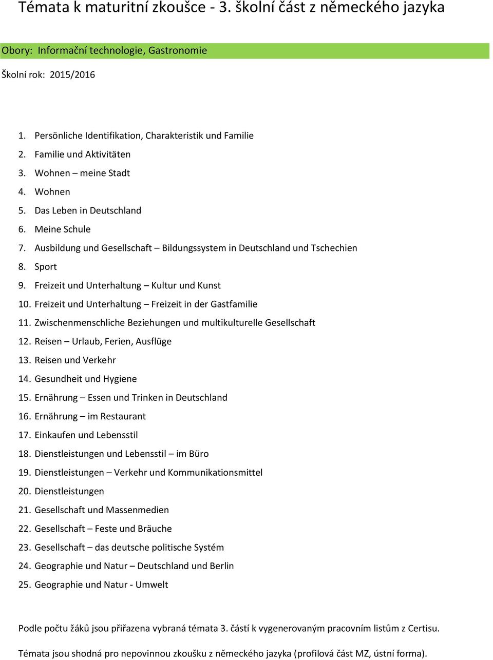 Freizeit und Unterhaltung Kultur und Kunst 10. Freizeit und Unterhaltung Freizeit in der Gastfamilie 11. Zwischenmenschliche Beziehungen und multikulturelle Gesellschaft 12.