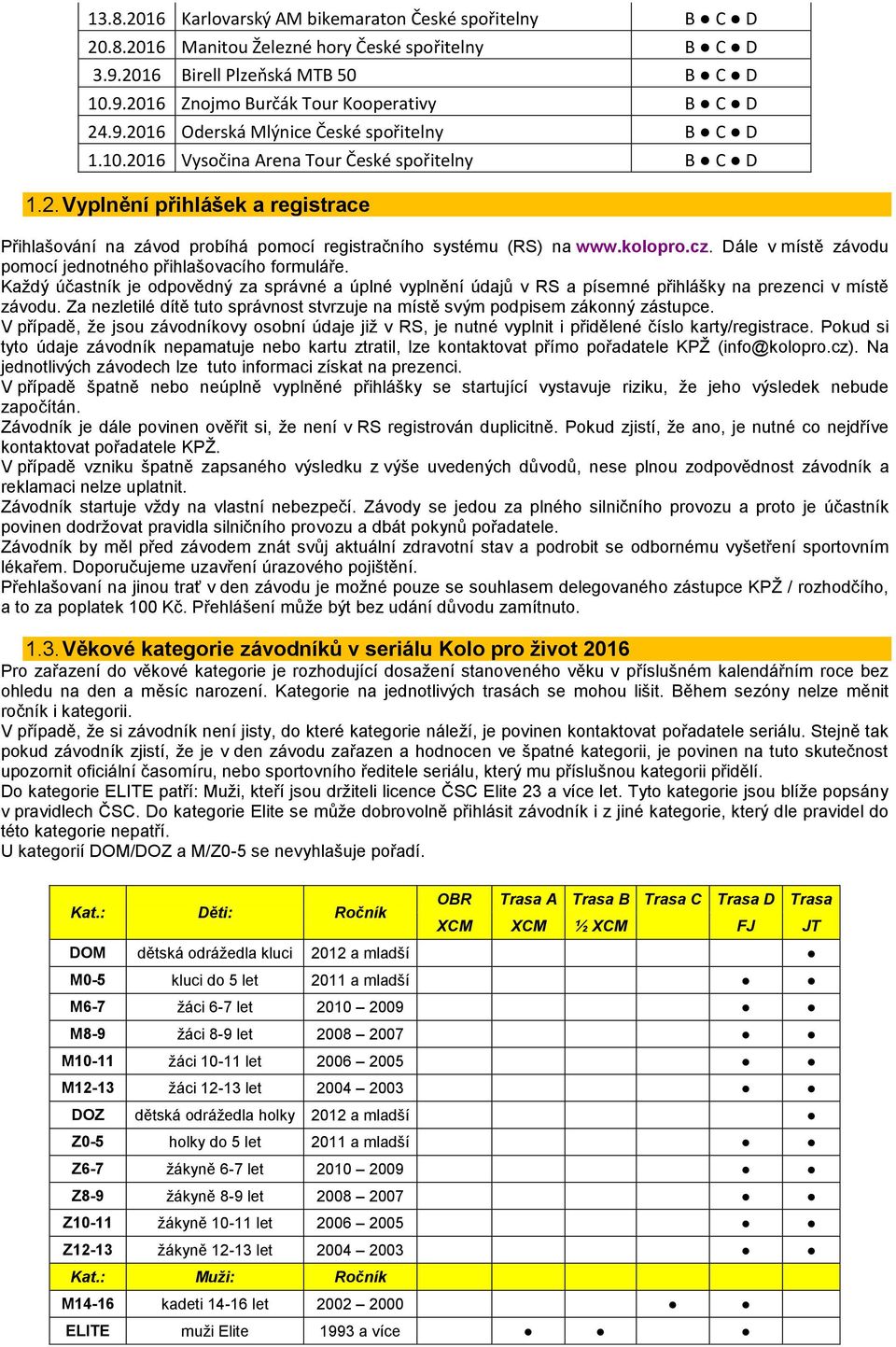 kolopro.cz. Dále v místě závodu pomocí jednotného přihlašovacího formuláře. Každý účastník je odpovědný za správné a úplné vyplnění údajů v RS a písemné přihlášky na prezenci v místě závodu.