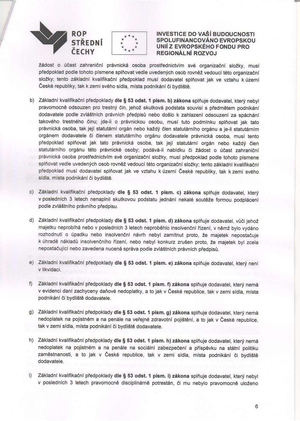 zdkladni kvalifikaeni piedpoklad musi dodavatel splfiovat jak ve vztahu k rizemi Cesk6 republiky, tak k zemi sv6ho sidla, mista podnik6ni di bydli5t6.