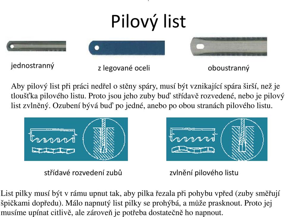 Ozubení bývá buď po jedné, anebo po obou stranách pilového listu.