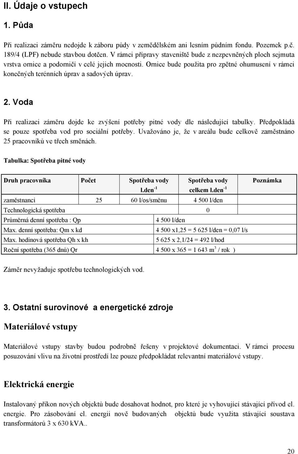 Ornice bude použita pro zpětné ohumusení v rámci konečných terénních úprav a sadových úprav. 2. Voda Při realizaci záměru dojde ke zvýšení potřeby pitné vody dle následující tabulky.