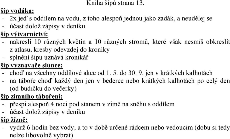 stromů, které však nesmíš obkreslit z atlasu, kresby odevzdej do kroniky - splnění šípu uznává kronikář šíp vyznavače slunce: - choď na všechny oddílové akce od 1. 5. do 30. 9.