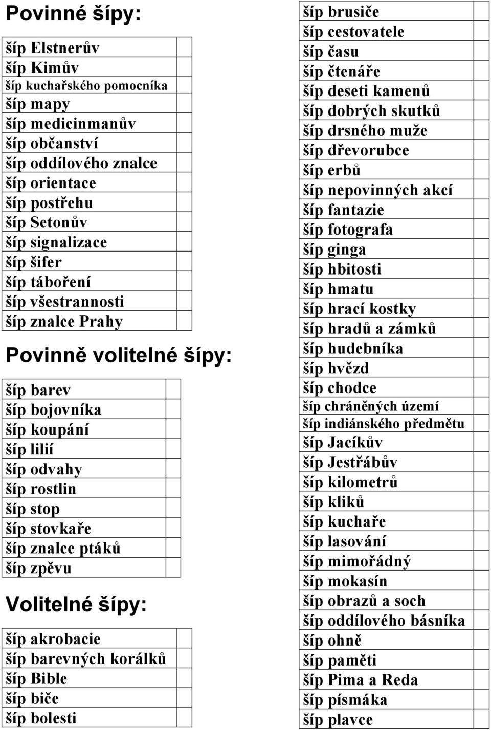 šípy: šíp akrobacie šíp barevných korálků šíp Bible šíp biče šíp bolesti šíp brusiče šíp cestovatele šíp času šíp čtenáře šíp deseti kamenů šíp dobrých skutků šíp drsného muže šíp dřevorubce šíp erbů