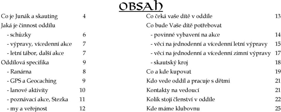 zimní výpravy 14 15 17 Oddílová specifika 9 - skautský kroj 18 - Ranárna - GPS a Geocaching 8 9 Co a kde kupovat Kdo vede oddíl a pracuje s dětmi