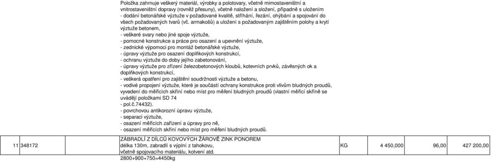 armakošů) a uložení s požadovaným zajištěním polohy a krytí výztuže betonem, - veškeré svary nebo jiné spoje výztuže, - pomocné konstrukce a práce pro osazení a upevnění výztuže, - zednické výpomoci