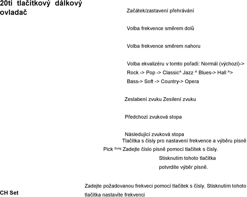 zvuková stopa Následující zvuková stopa Tlačítka s čísly pro nastavení frekvence a výběru písně Pick Song Zadejte číslo písně pomocí tlačítek s čísly.