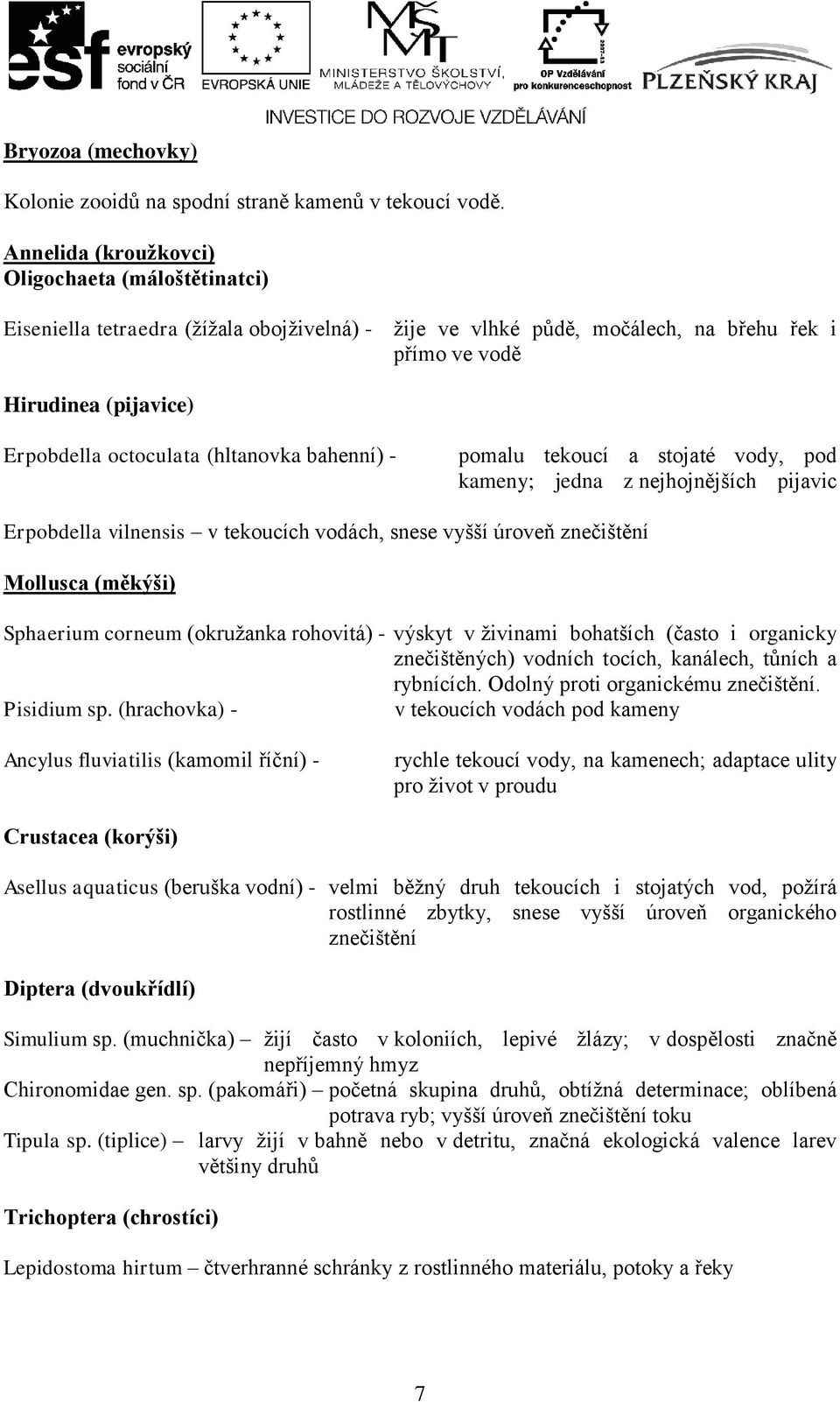 (hltanovka bahenní) - pomalu tekoucí a stojaté vody, pod kameny; jedna z nejhojnějších pijavic Erpobdella vilnensis v tekoucích vodách, snese vyšší úroveň znečištění Mollusca (měkýši) Sphaerium