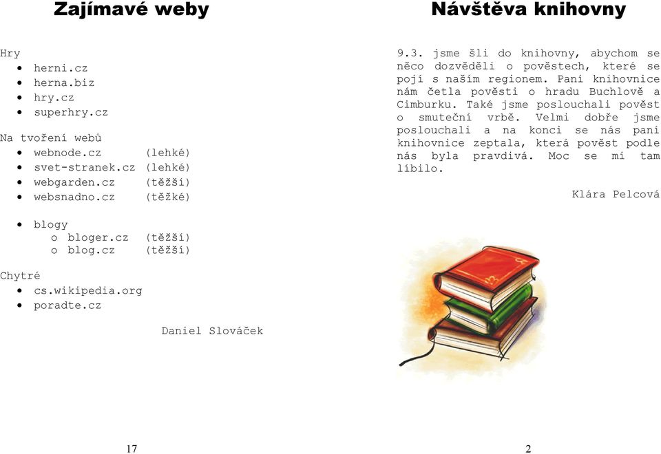 Paní knihovnice nám četla pověsti o hradu Buchlově a Cimburku. Také poslouchali pověst o smuteční vrbě.