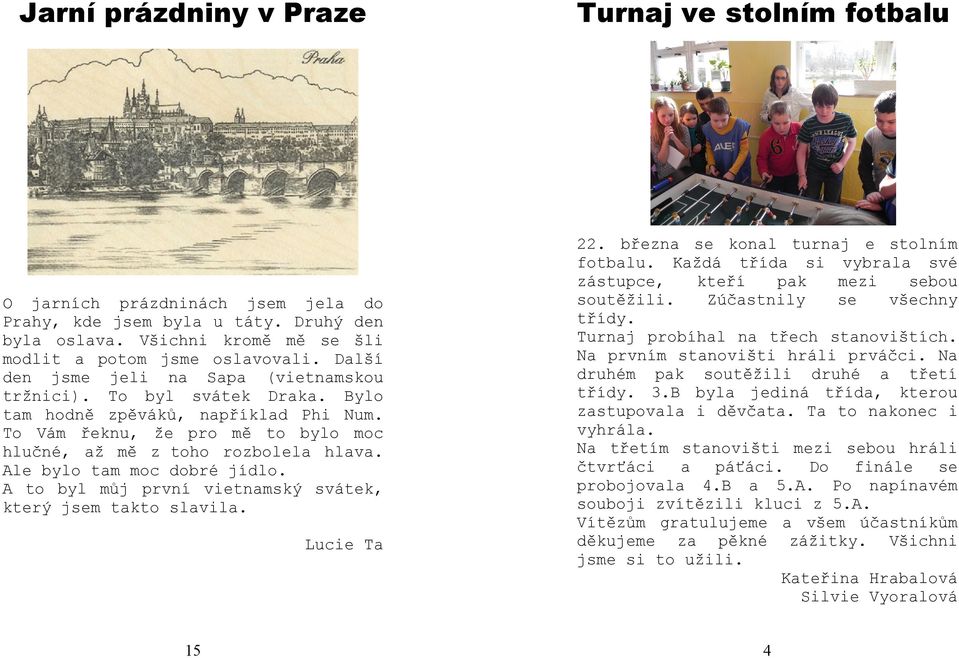 A to byl můj první vietnamský svátek, který jm takto slavila. Lucie Ta 15 Turnaj ve stolním fotbalu 22. března konal turnaj e stolním fotbalu.