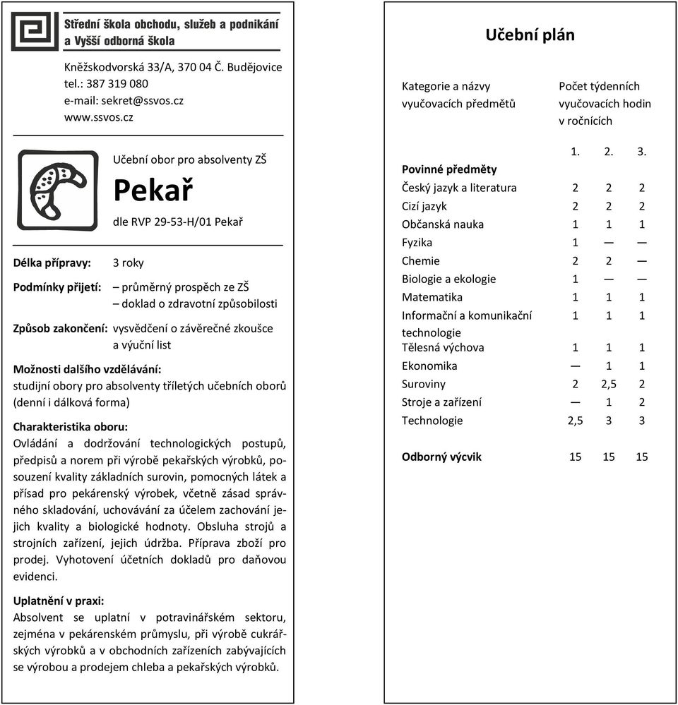 cz Kategorie a názvy vyučovacích předmětů Počet týdenních vyučovacích hodin v ročnících Délka přípravy: Podmínky přijetí: Učební obor pro absolventy ZŠ Pekař dle RVP 29-53-H/01 Pekař 3 roky průměrný