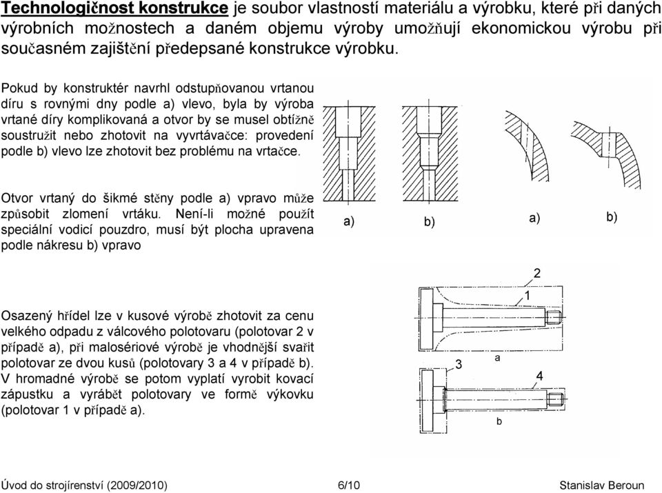 Pokud by konstruktér navrhl odstupňovanou vrtanou díru s rovnými dny podle a) vlevo, byla by výroba vrtané díry komplikovaná a otvor by se musel obtížně soustružit nebo zhotovit na vyvrtávačce: