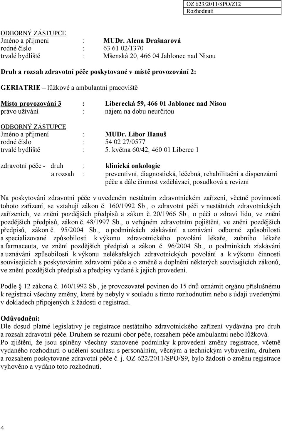 pracoviště Místo provozování 3 : Liberecká 59, 466 01 Jablonec nad Nisou právo užívání : nájem na dobu neurčitou  Libor Hanuš rodné číslo : 54 02 27/0577 trvalé bydliště : 5.