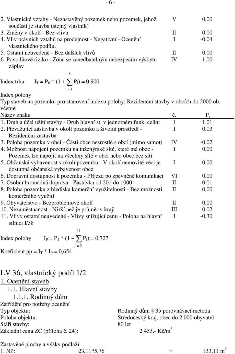 Povodňové riziko - Zóna se zanedbatelným nebezpečím výskytu záplav IV 1,00 Index trhu I T = P 6 * (1 + P i) = 0,900 5 i = 1 Index polohy Typ staveb na pozemku pro stanovení indexu polohy: Rezidenční