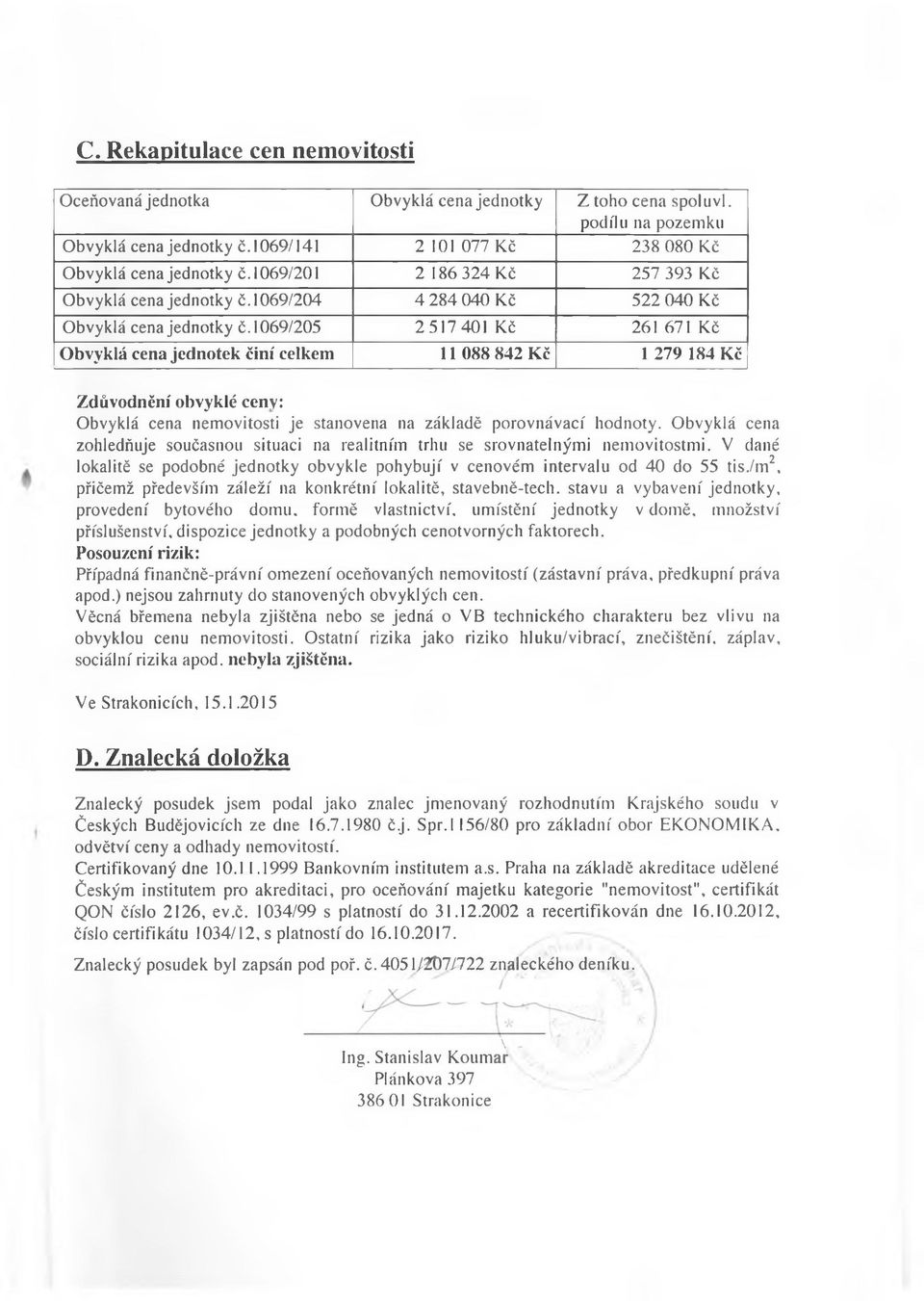 1069/205 2517401 Kč 261 671 Kč Obvyklá cena jednotek činí celkem 11 088 842 Kě 1 279 184 Kě Zdůvodnění obvyklé ceny: Obvyklá cena nemovitosti je stanovena na základě porovnávací hodnoty.