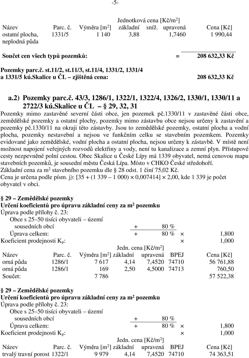 skalice u ČL zjištěná cena: 208 632,33 Kč a.2) Pozemky parc.č. 43/3, 1286/1, 1322/1, 1322/4, 1326/2, 1330/1, 1330/11 a 2722/3 kú.