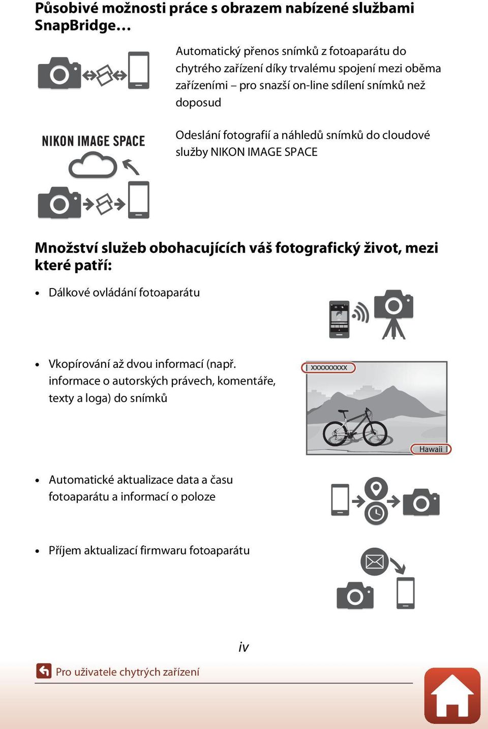 obohacujících váš fotografický život, mezi které patří: Dálkové ovládání fotoaparátu Vkopírování až dvou informací (např.