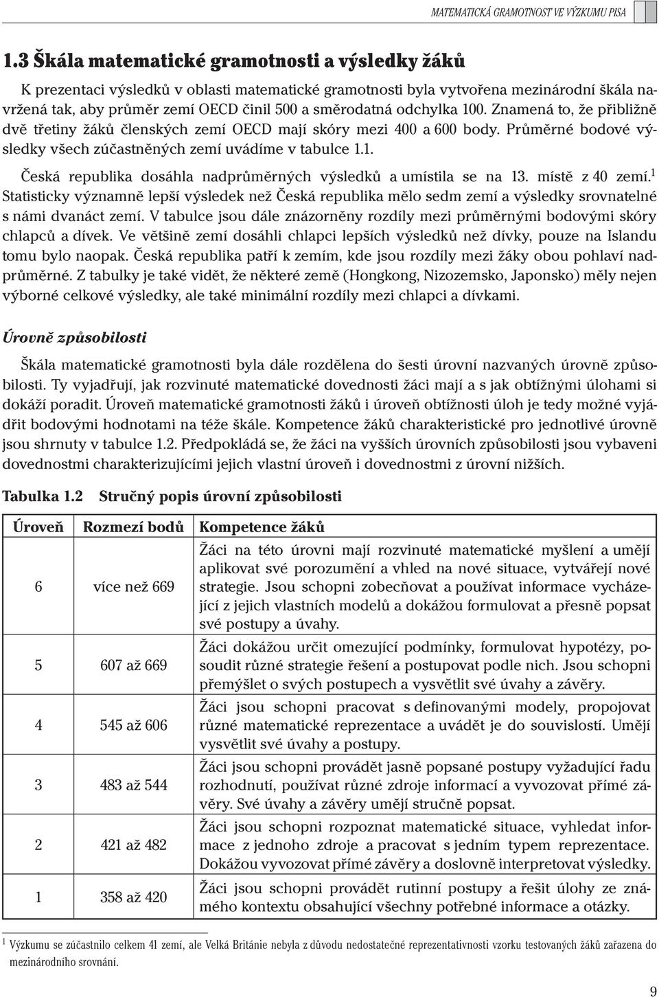 odchylka 100. Znamená to, že přibližně dvě třetiny žáků členských zemí OECD mají skóry mezi 400 a 600 body. Průměrné bodové výsledky všech zúčastněných zemí uvádíme v tabulce 1.1. Česká republika dosáhla nadprůměrných výsledků a umístila se na 13.
