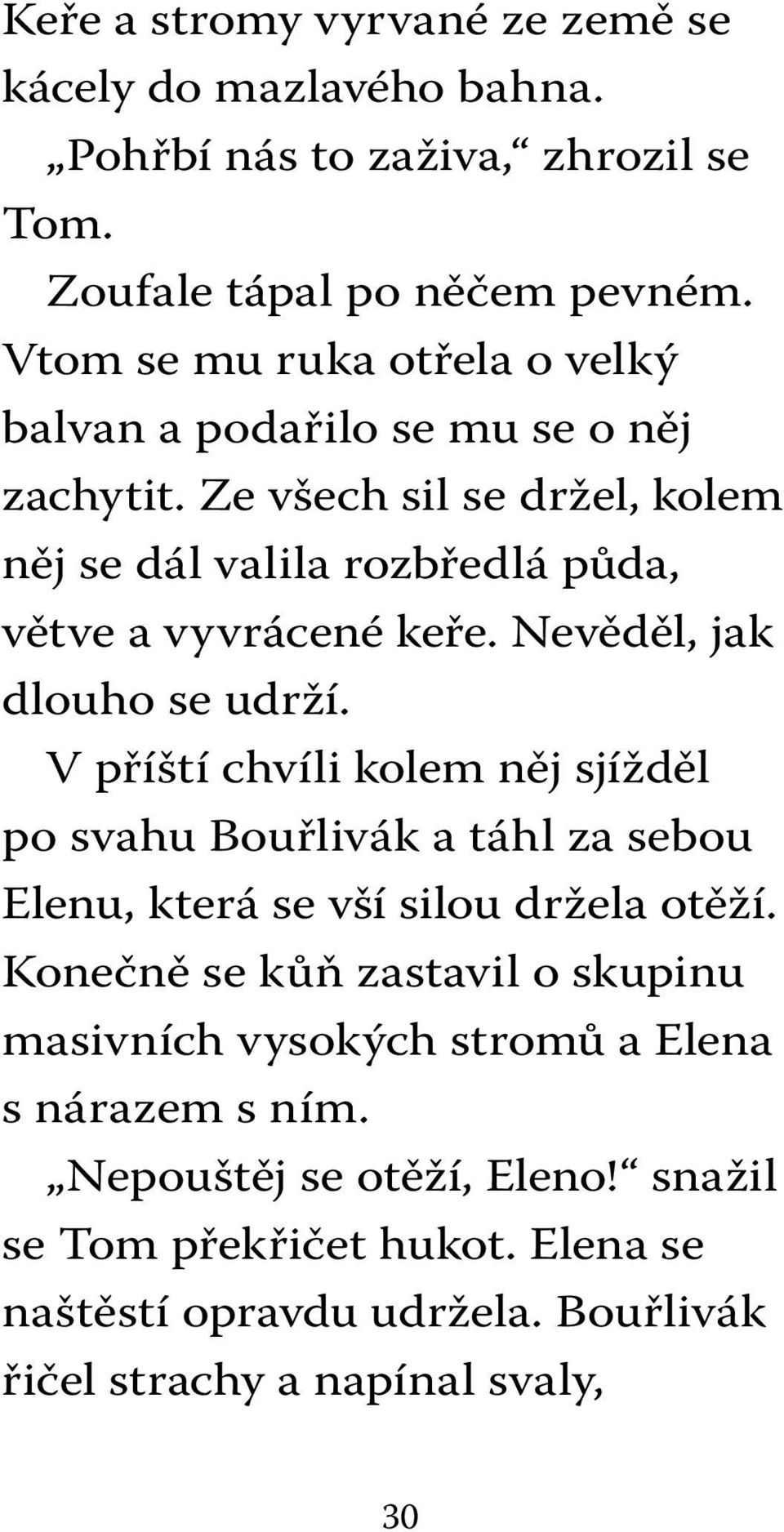 Nevěděl, jak dlouho se udrží. V příští chvíli kolem něj sjížděl po svahu Bouřlivák a táhl za sebou Elenu, která se vší silou držela otěží.