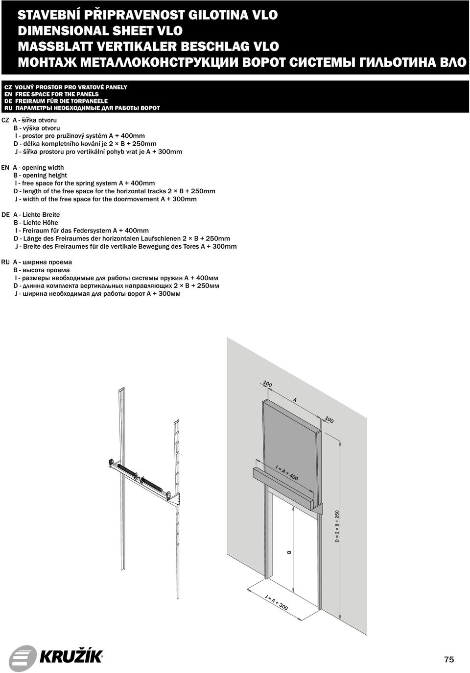 system A + 400mm D - length of the free space for the horizontal tracks 2 B + 250mm J - width of the free space for the doormovement A + 300mm DE A - Lichte Breite B - Lichte Höhe I - Freiraum für
